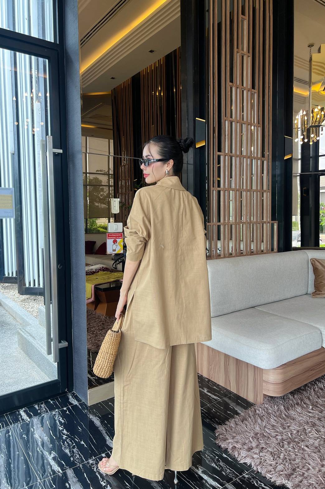 Tan Button-Detail Organic Cotton Co-Ord Set