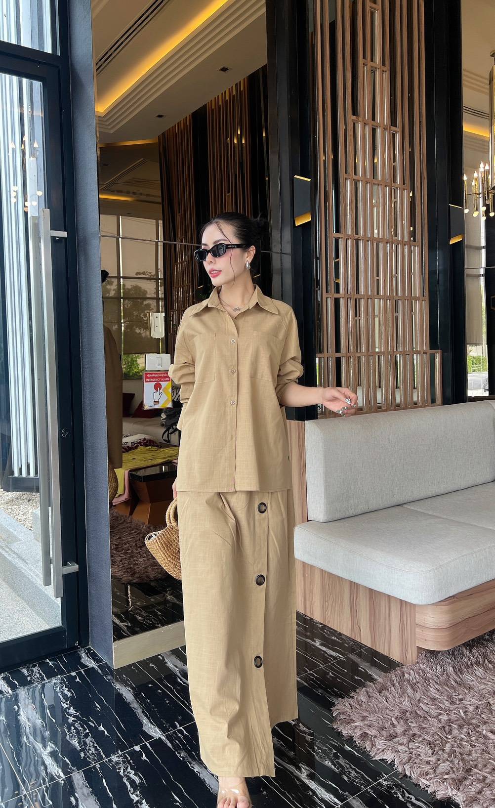 Tan Button-Detail Organic Cotton Co-Ord Set