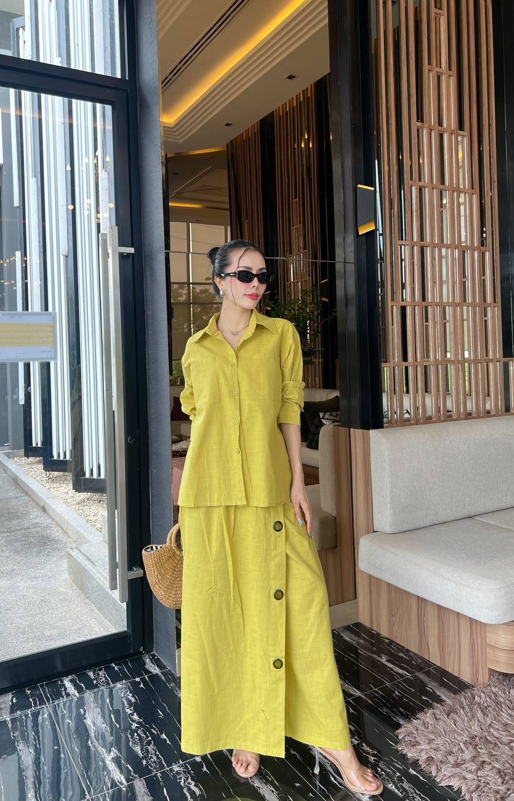 Greenish-Yellow Button-Detail Organic Cotton Co-Ord Set