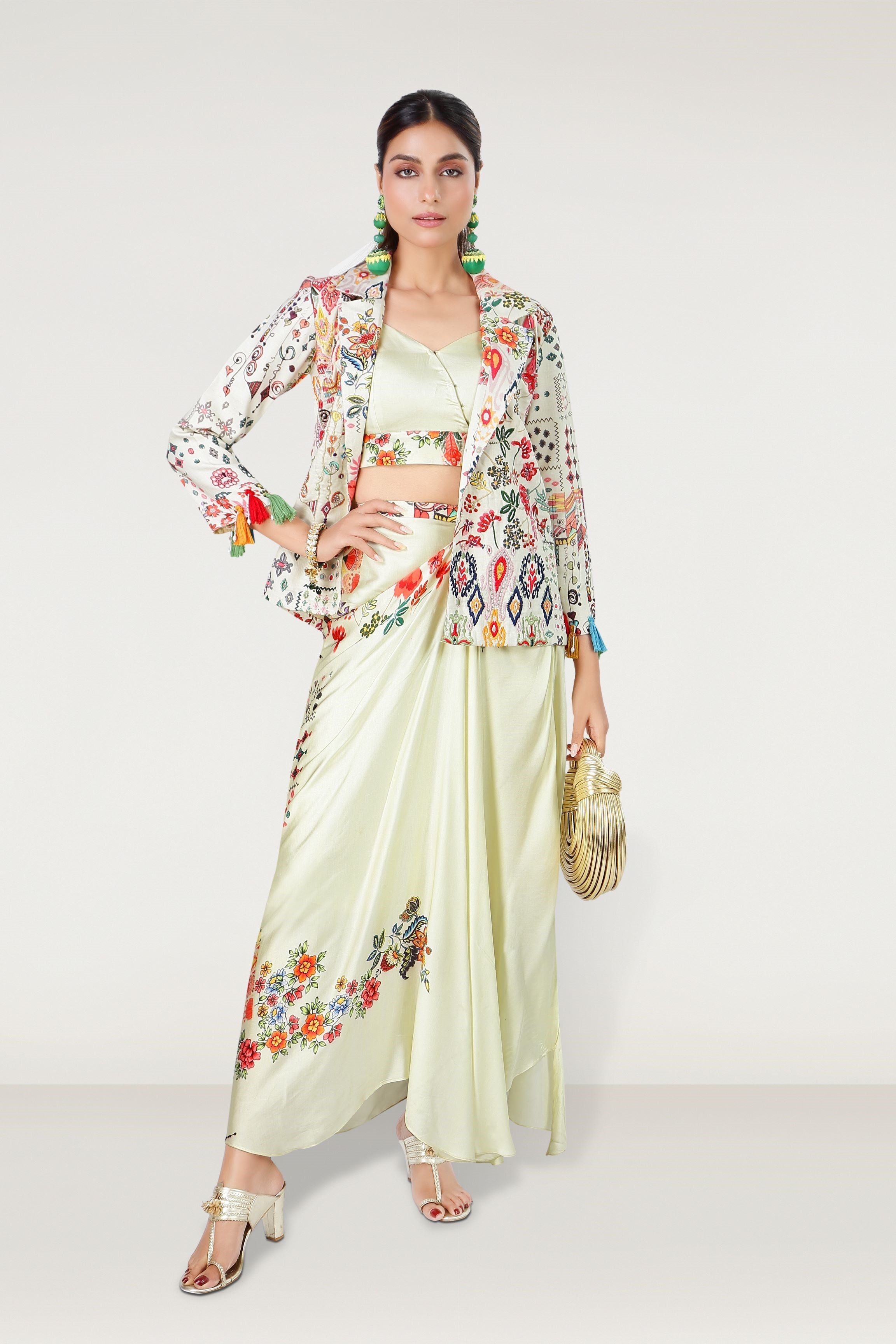 Champagne Floral Printed Satin Silk Skirt Set