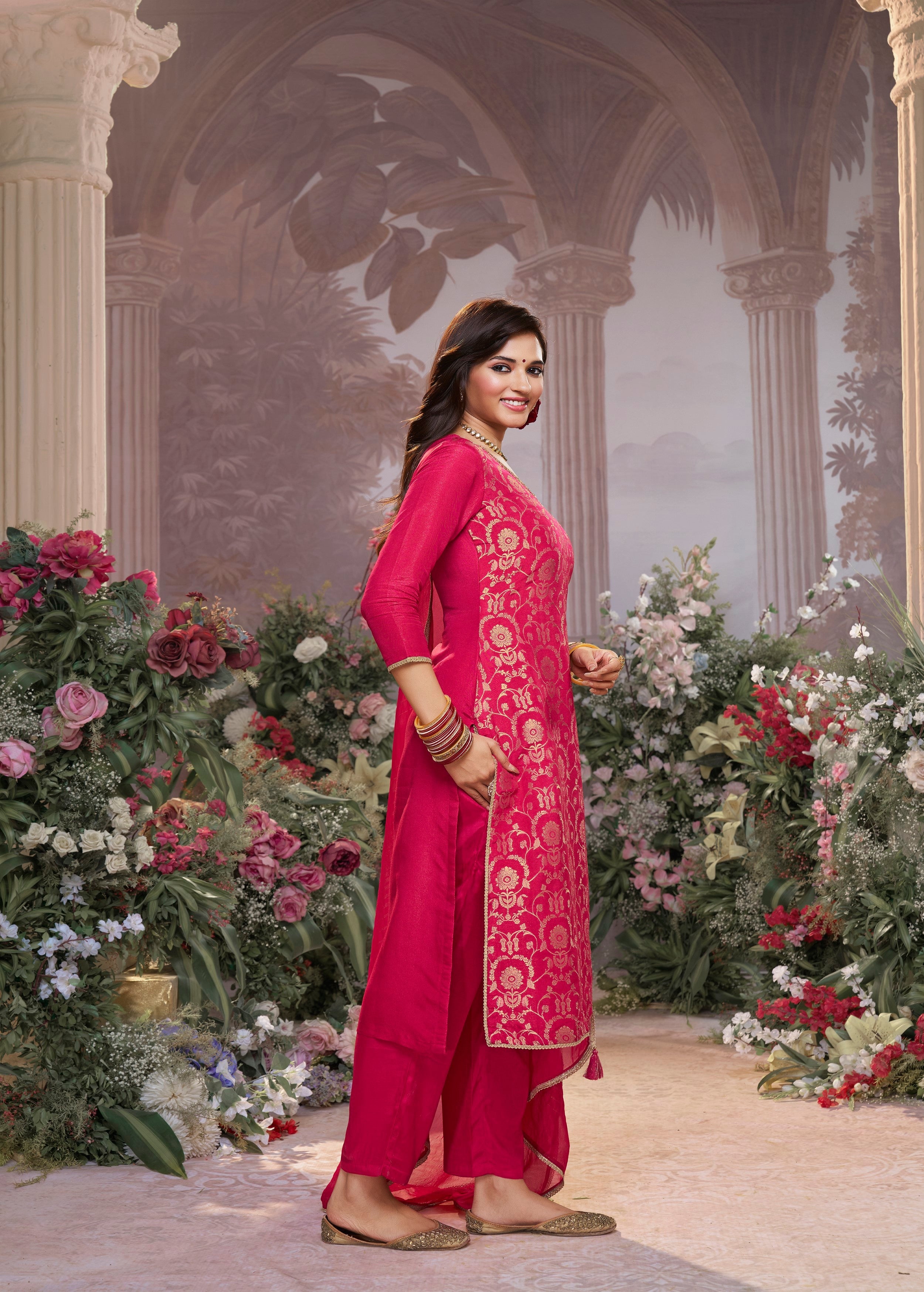 Hot Pink Embellished Brocade Silk Pant Set