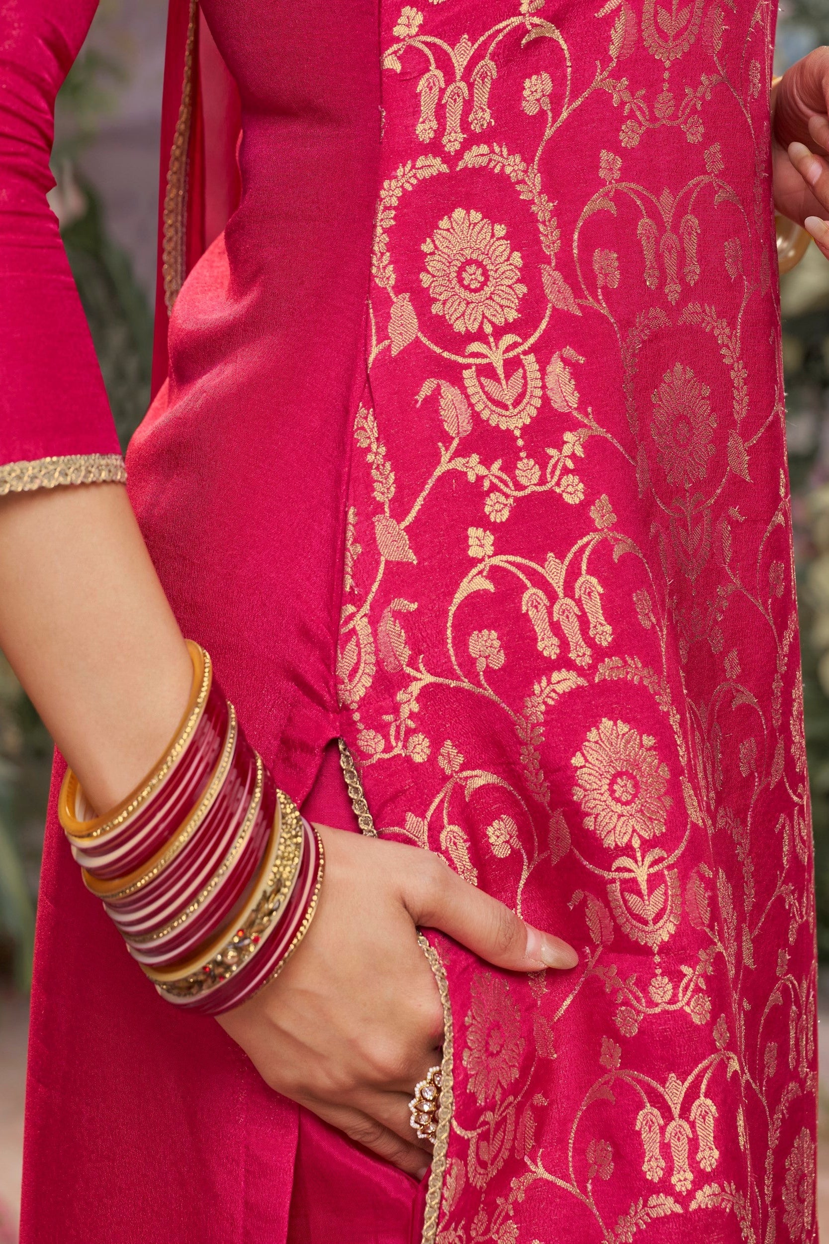 Hot Pink Embellished Brocade Silk Pant Set