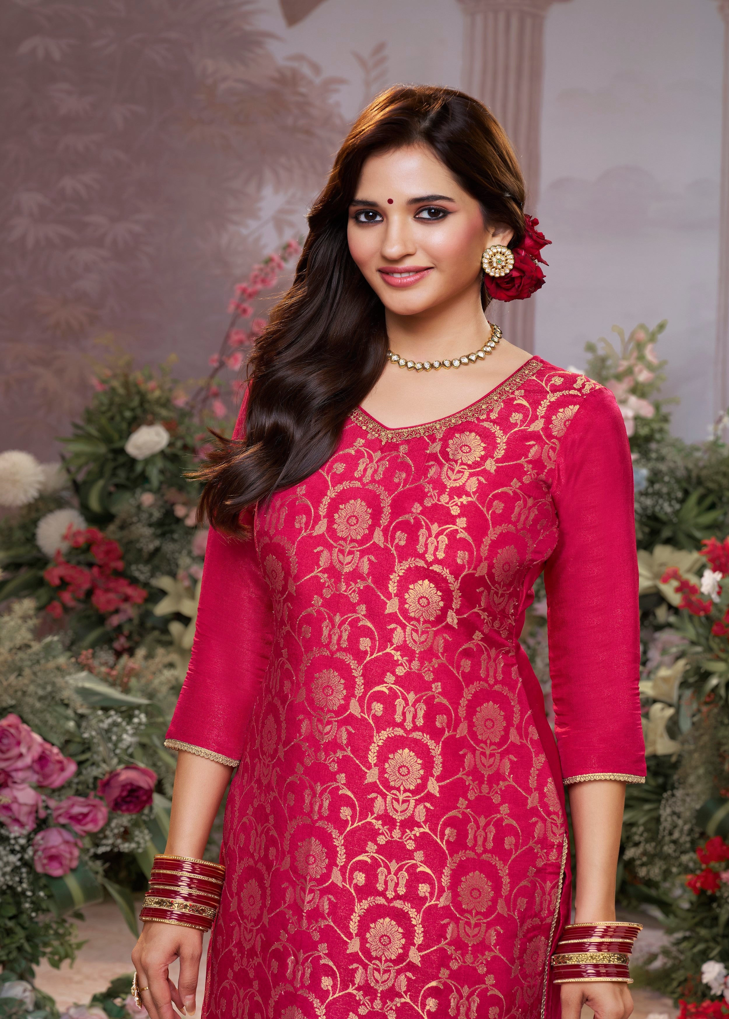 Hot Pink Embellished Brocade Silk Pant Set