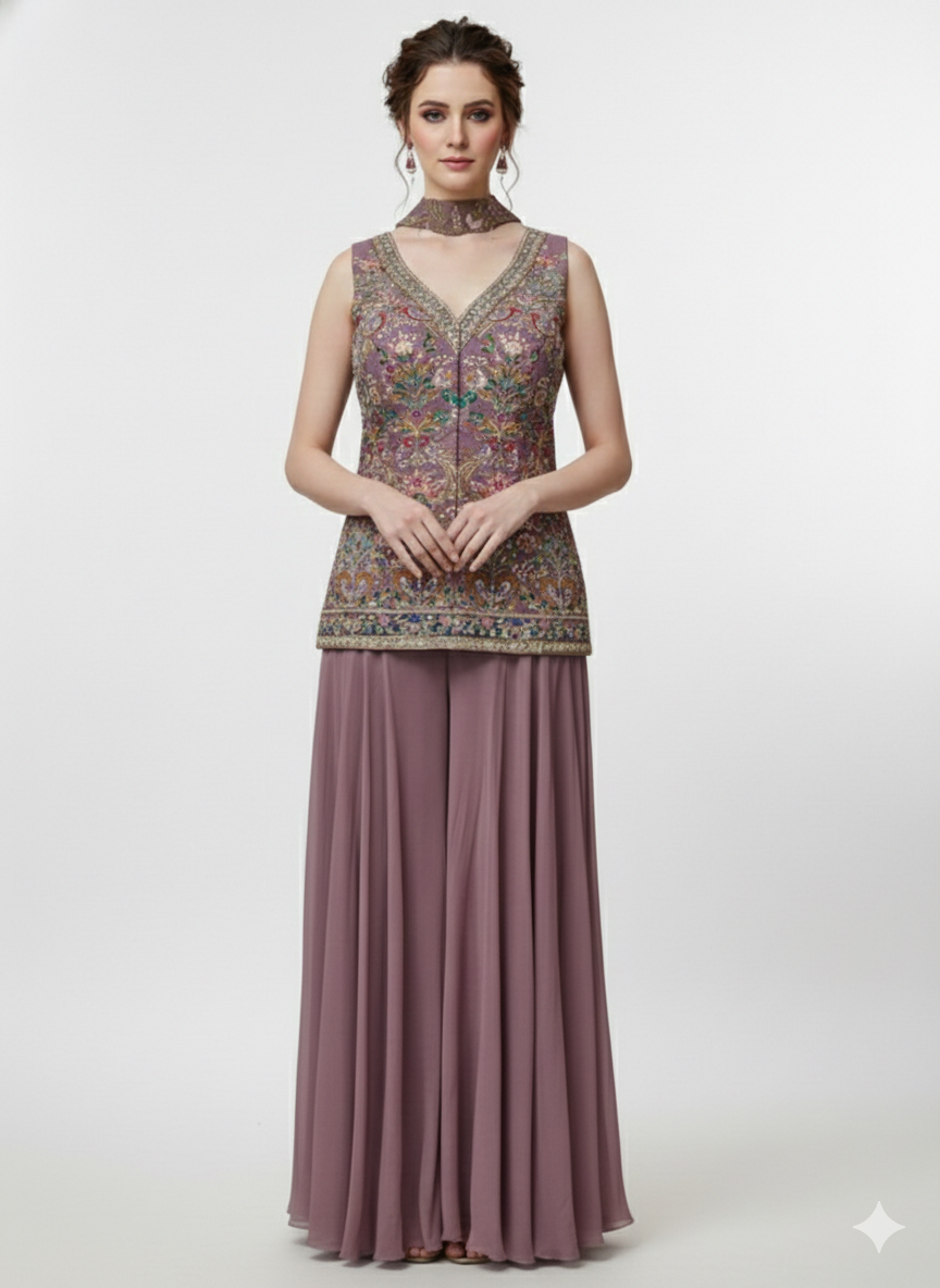 Dusty Rose Embellished Georgette Silk Palazzo Set