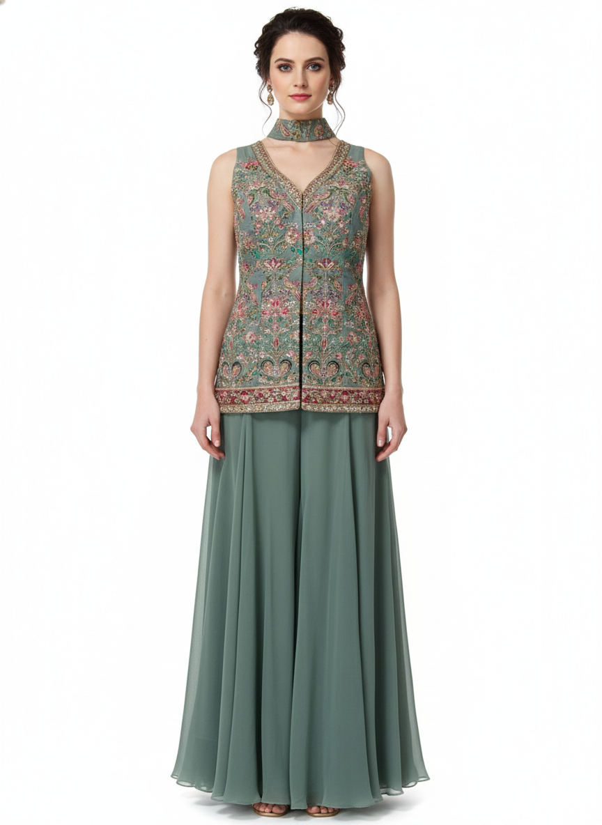 Dusty Sage Embellished Georgette Silk Palazzo Set