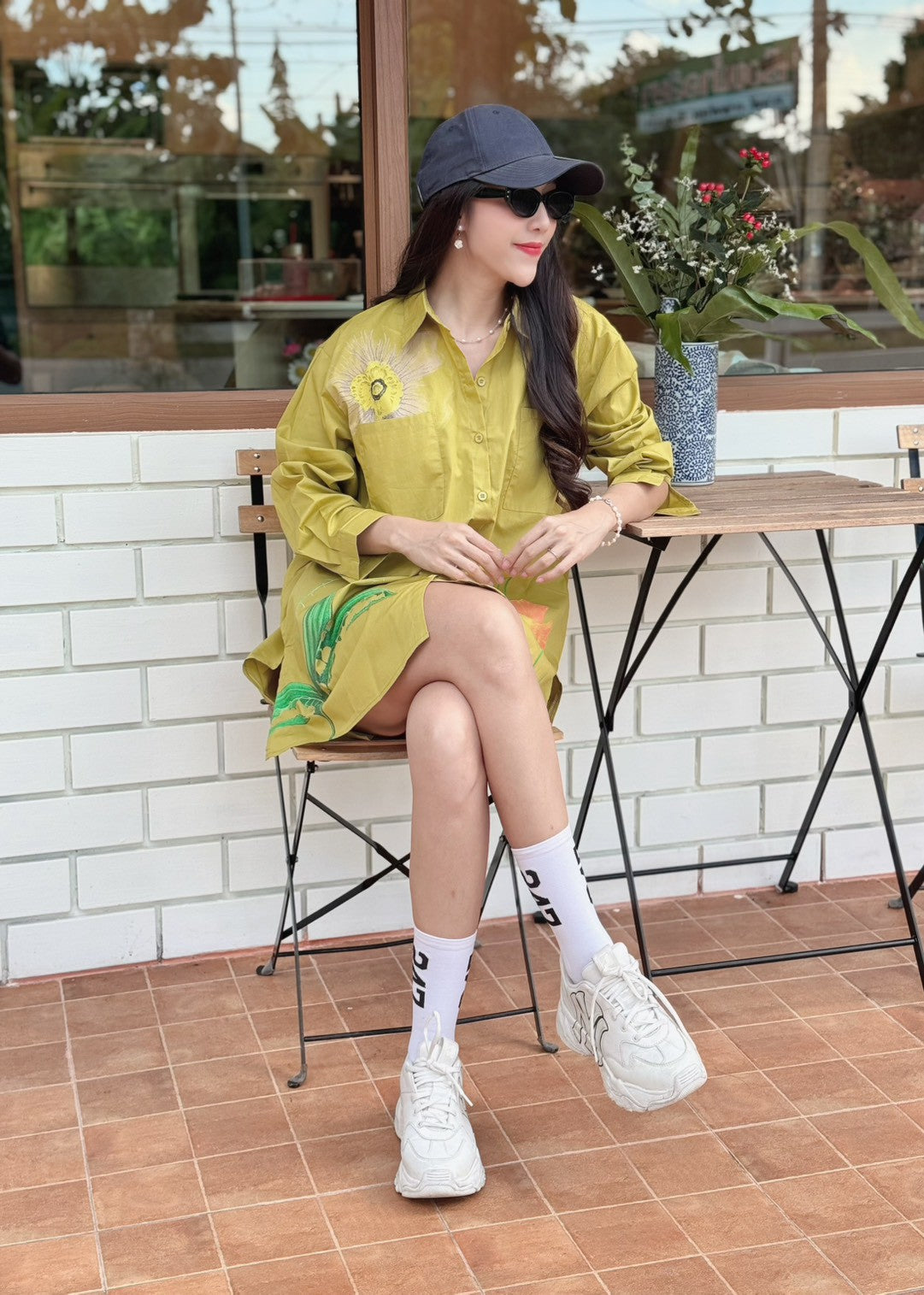 Olive Mustard Botanical Printed Cotton Shirt Dress