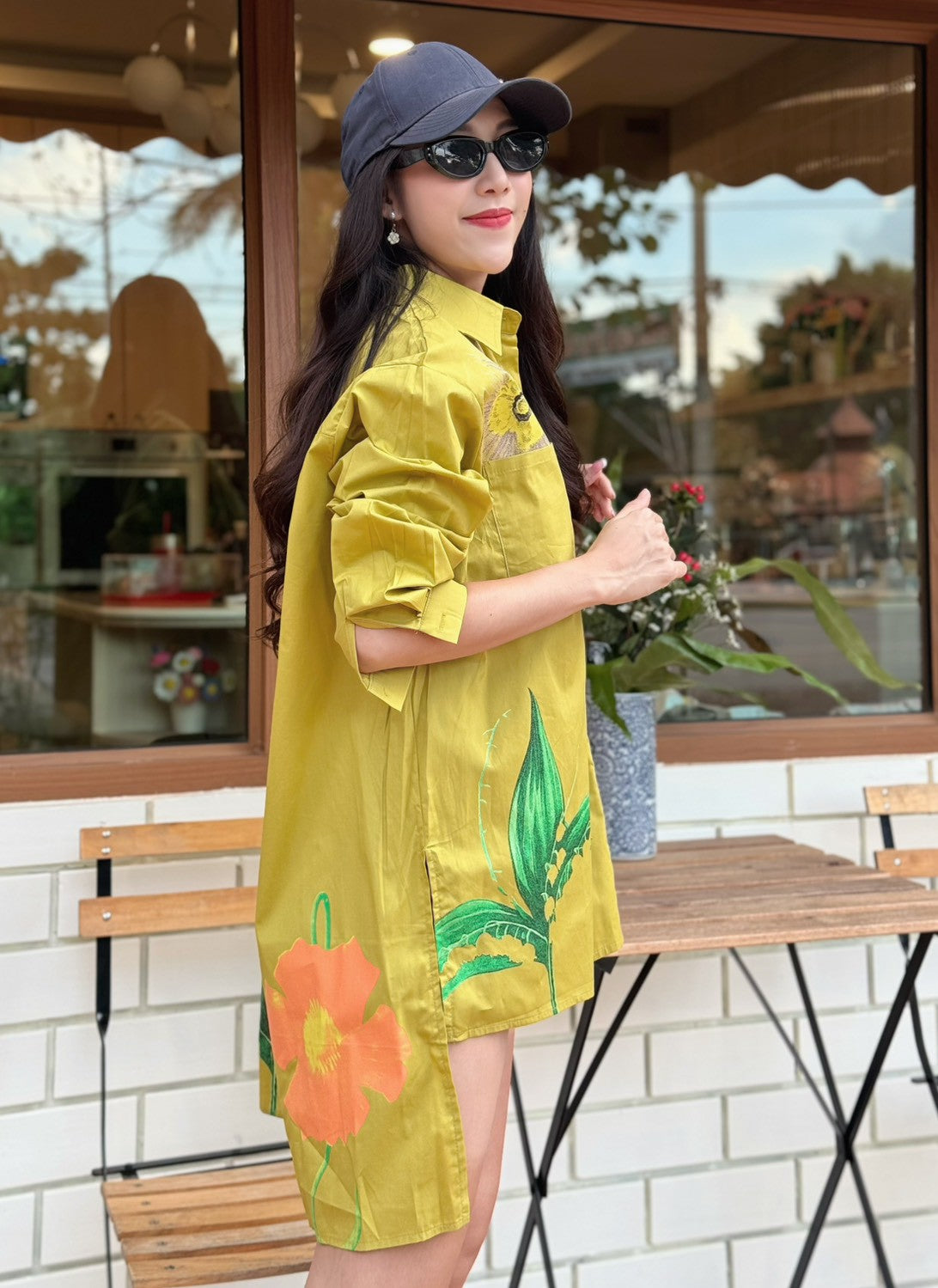 Olive Mustard Botanical Printed Cotton Shirt Dress