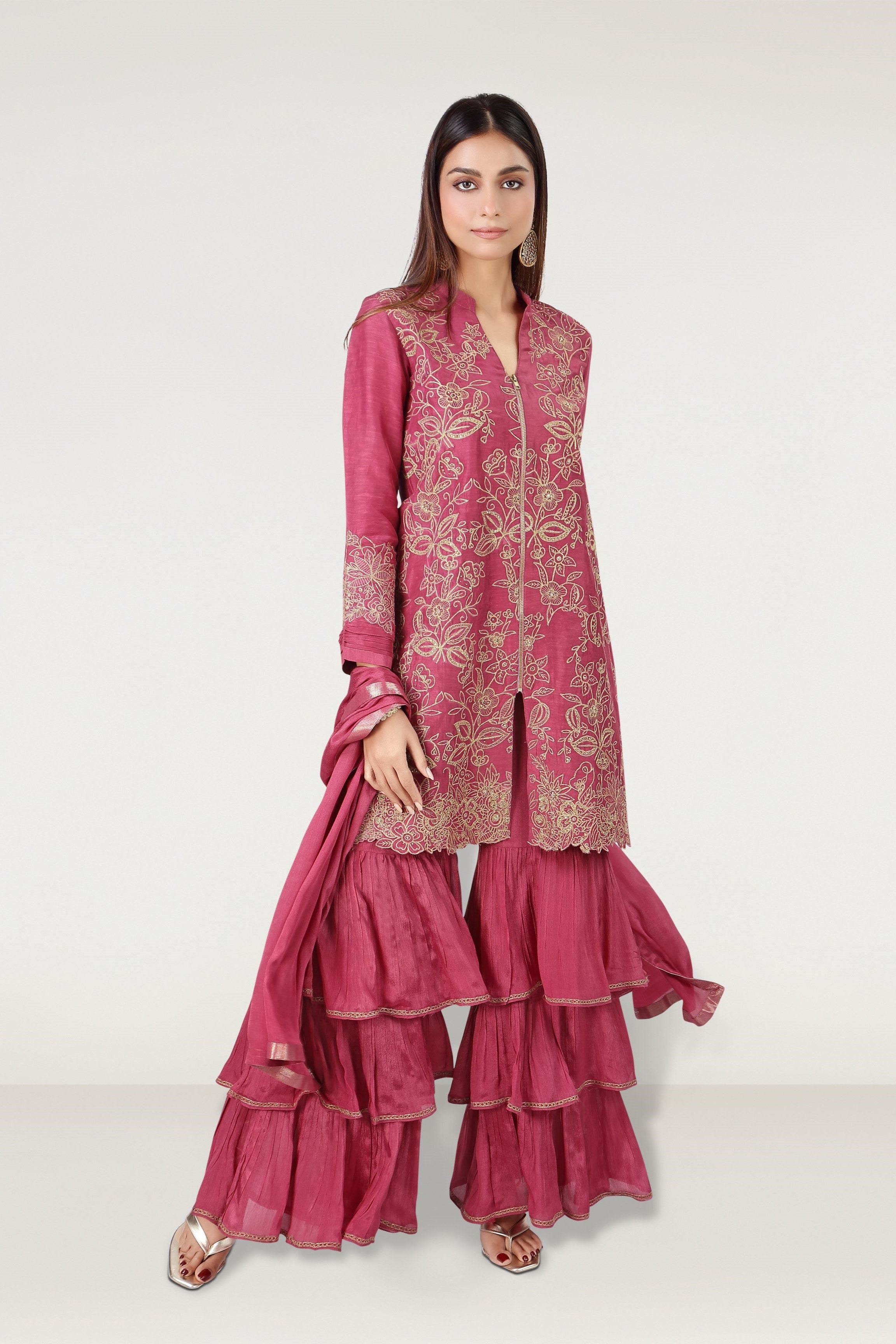 Maroon Embroidered Premium Silk Sharara Set