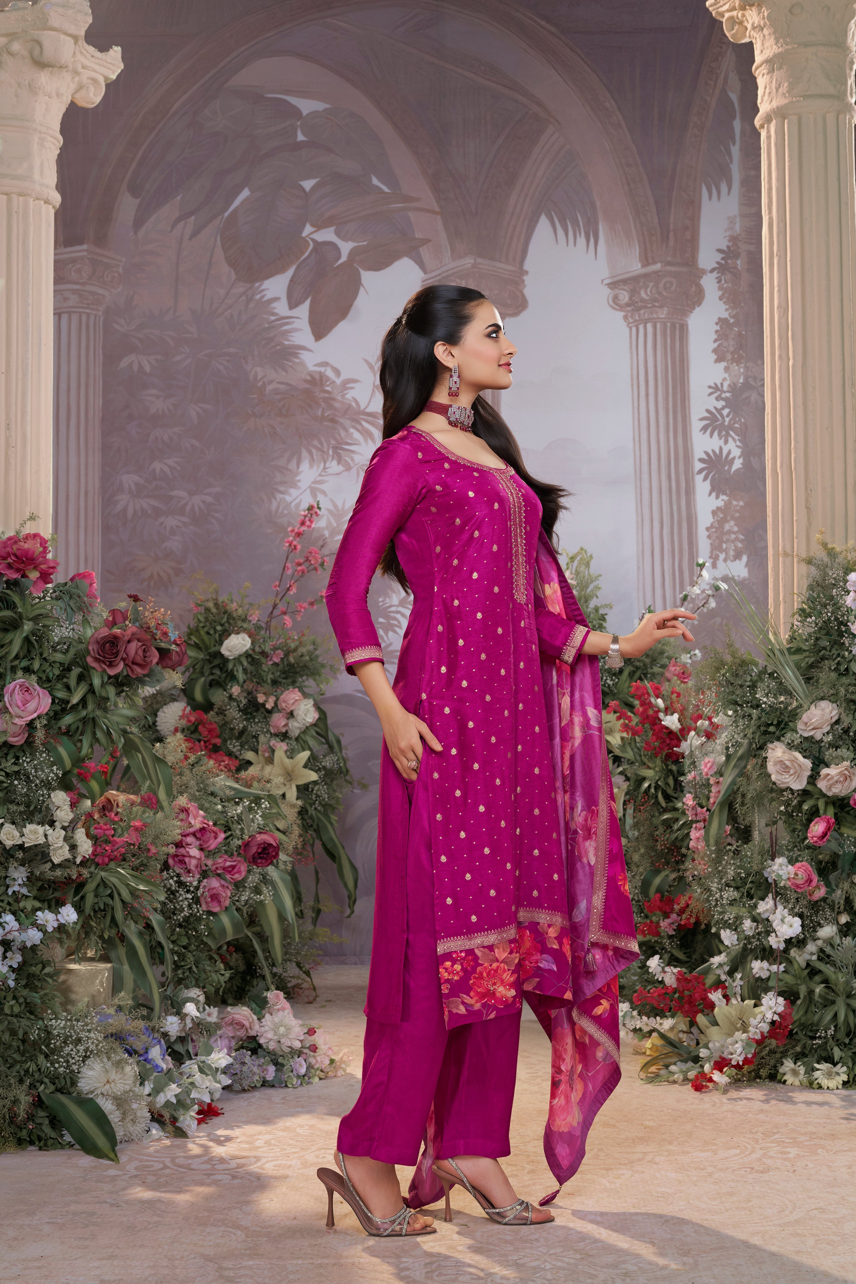 Dark Purple Embellished Premium Silk Pant Set