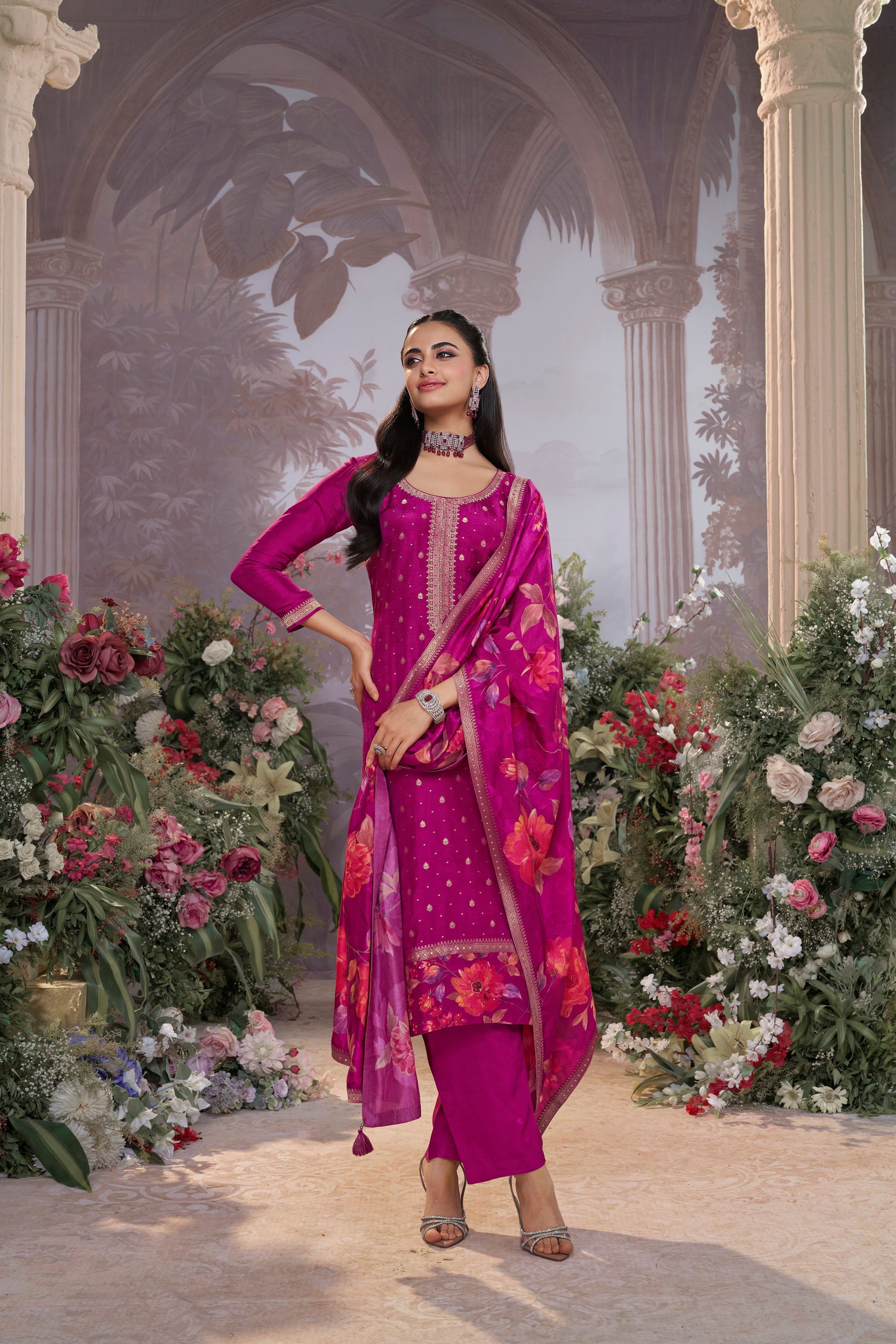 Dark Purple Embellished Premium Silk Pant Set