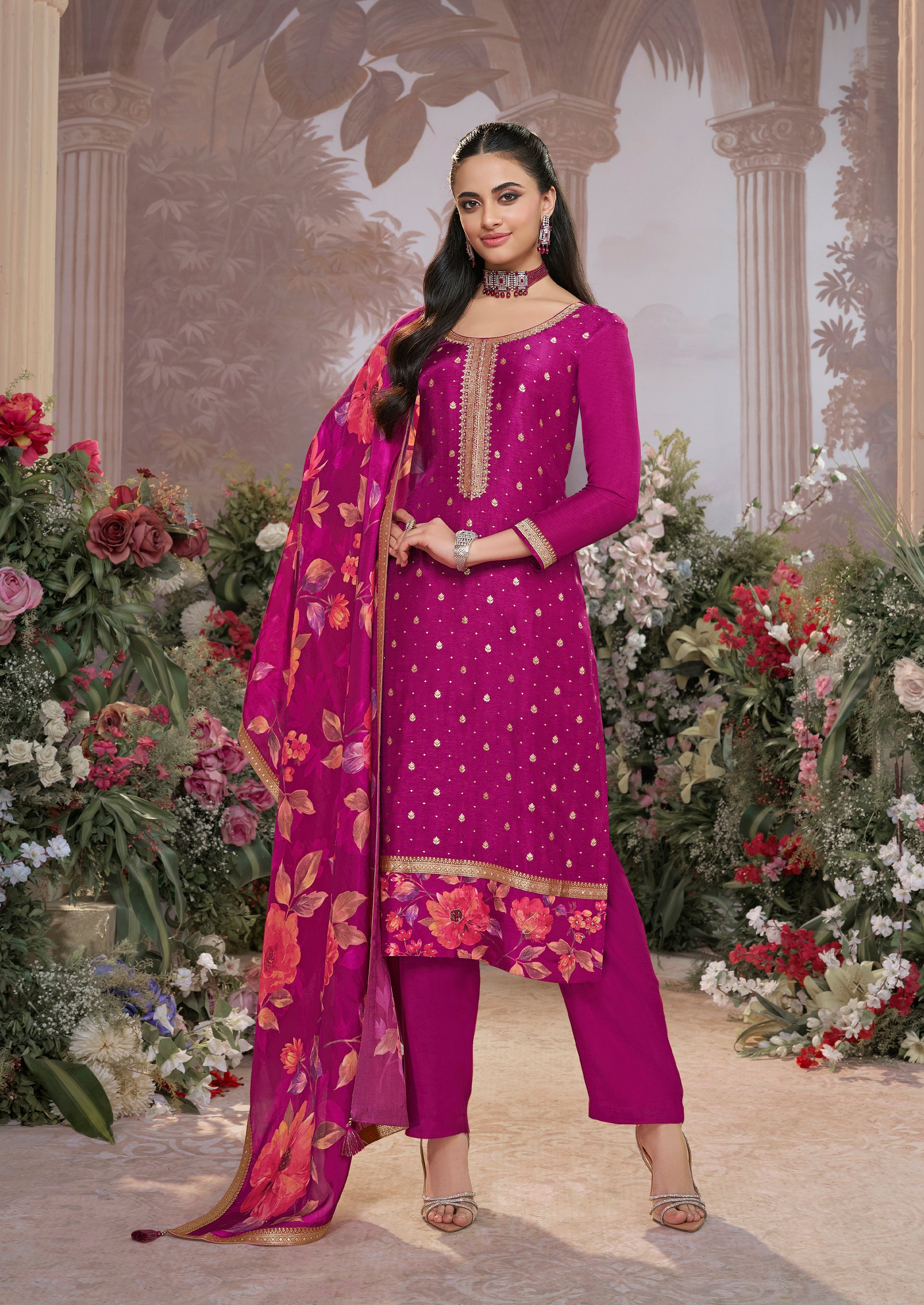 Dark Purple Embellished Premium Silk Pant Set