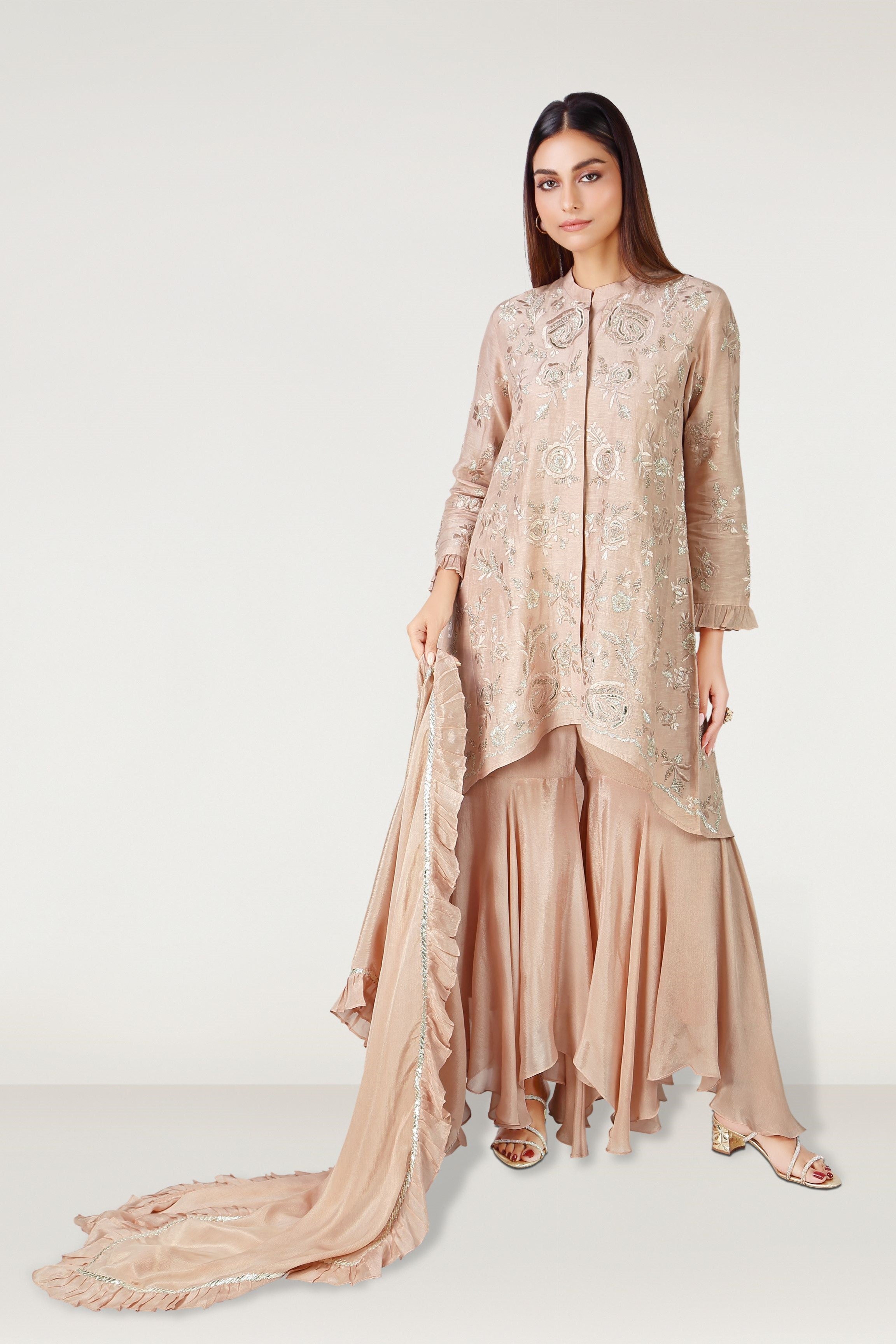 Beige Embroidered Satin Silk Sharara Set