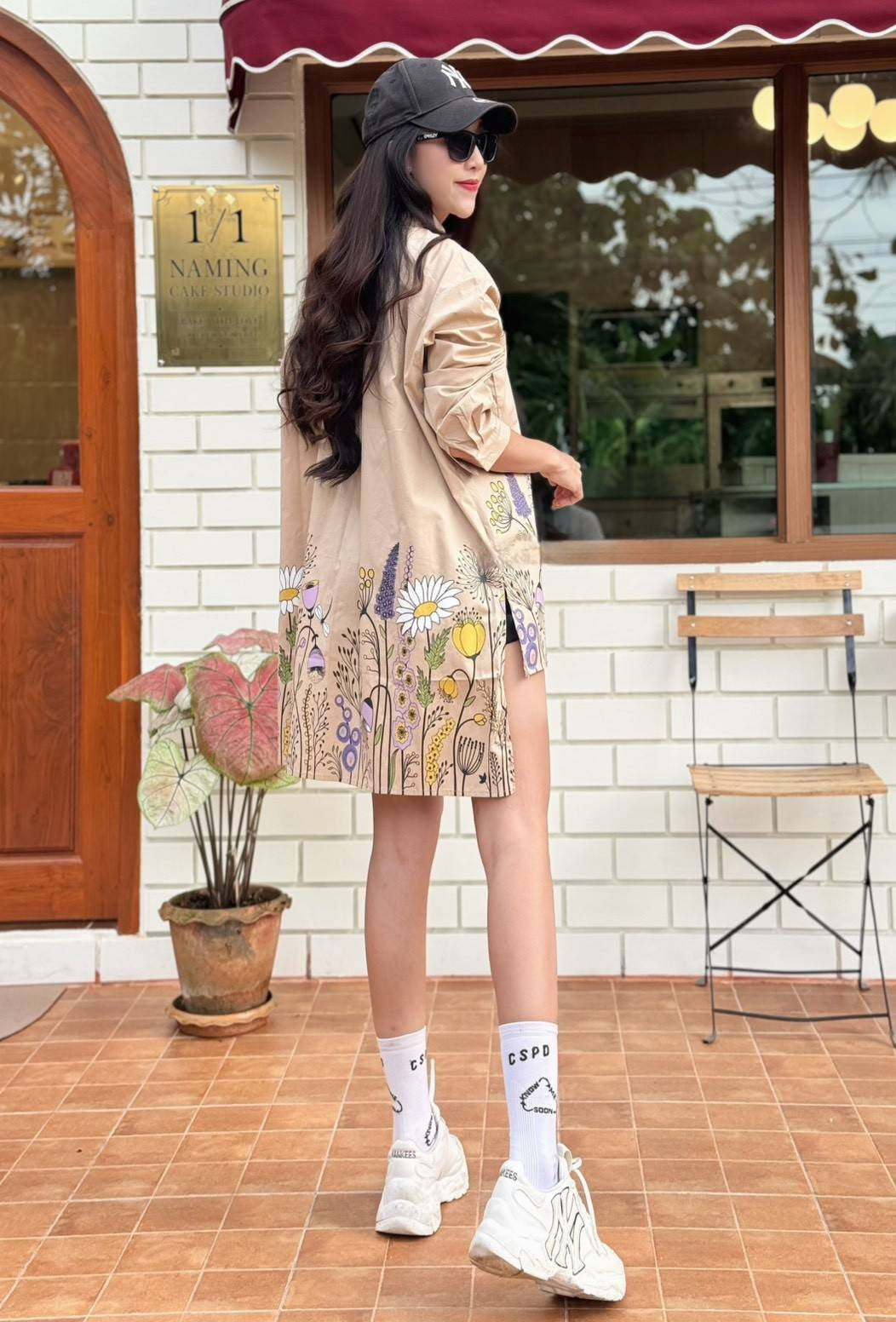 Khaki Beige Wildflower Meadow Cotton Shirt Dress