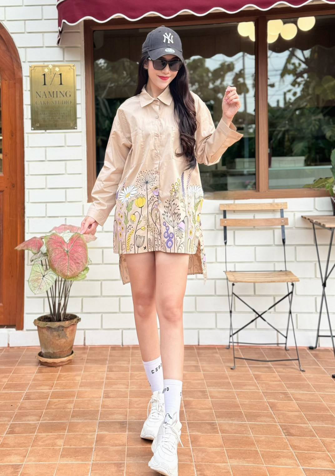 Khaki Beige Wildflower Meadow Cotton Shirt Dress