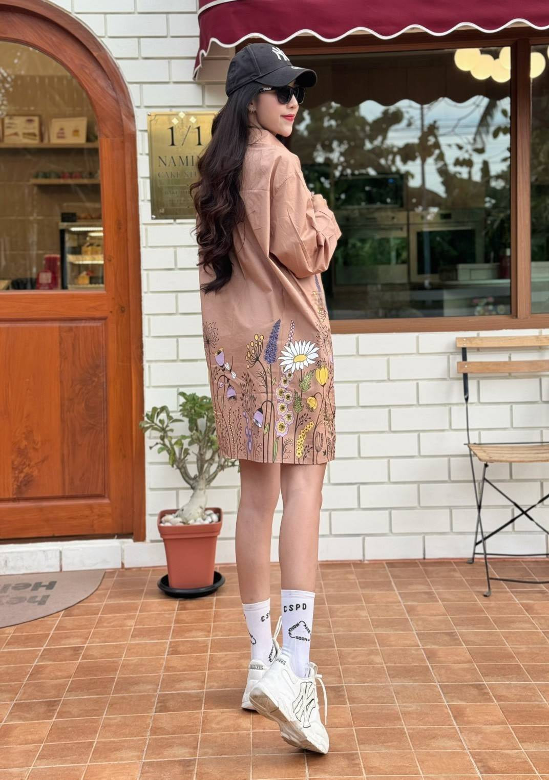 Camel Tan Wildflower Meadow Cotton Shirt Dress