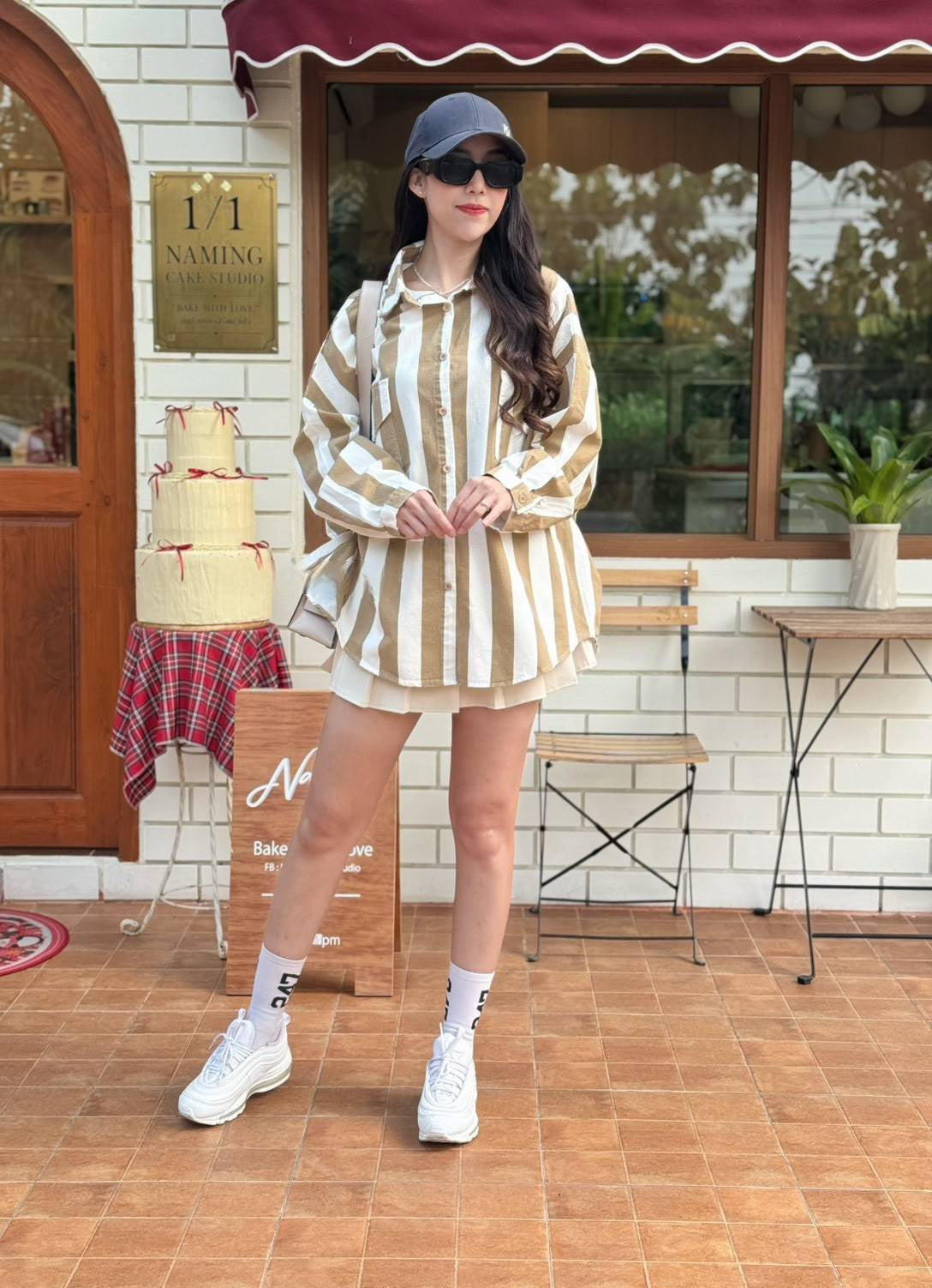Khakhi-White Bold Striped Oversized Light Denim Shirt