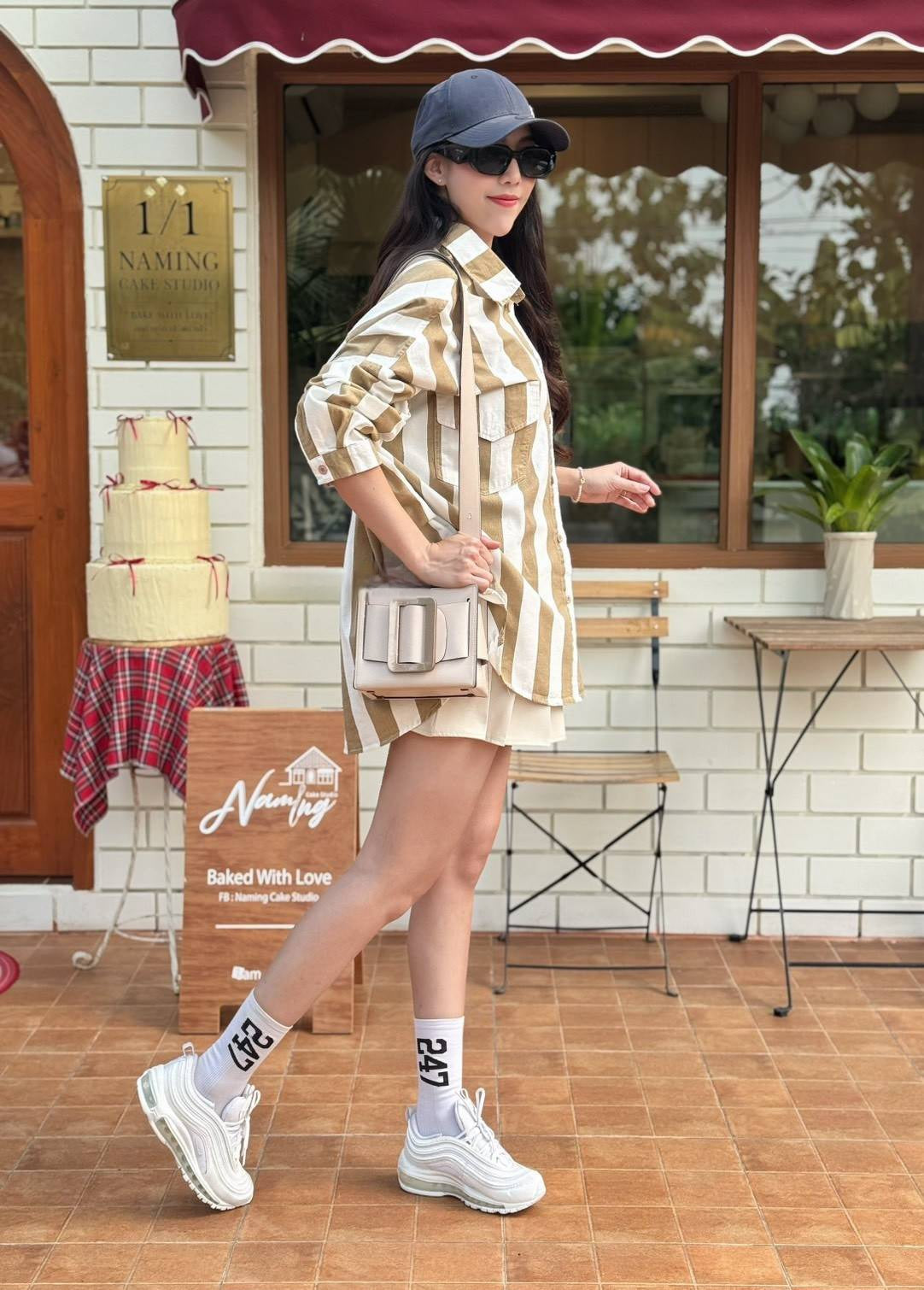Khakhi-White Bold Striped Oversized Light Denim Shirt