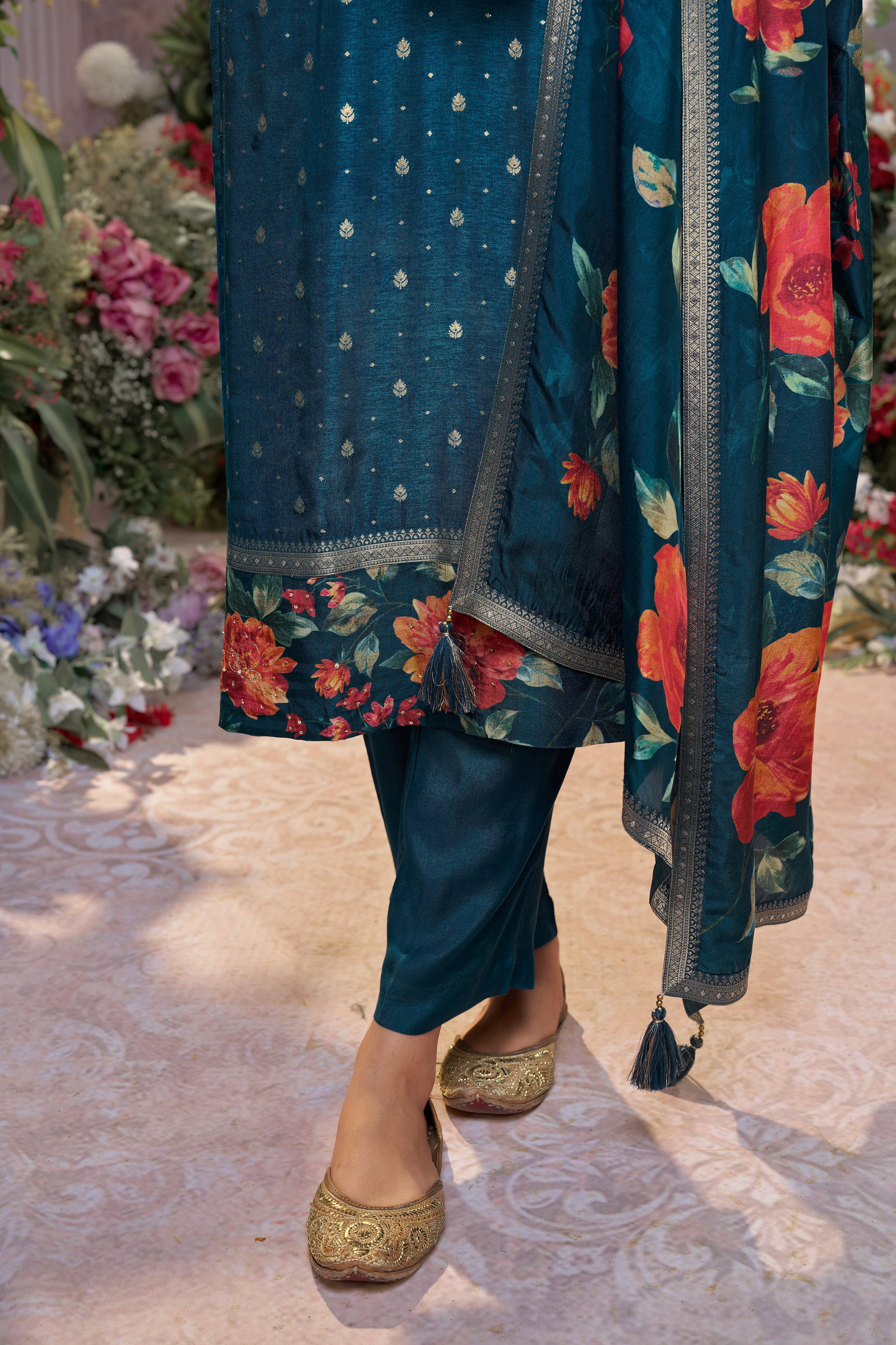 Deep Teal Embellished Brocade Silk Pant Set