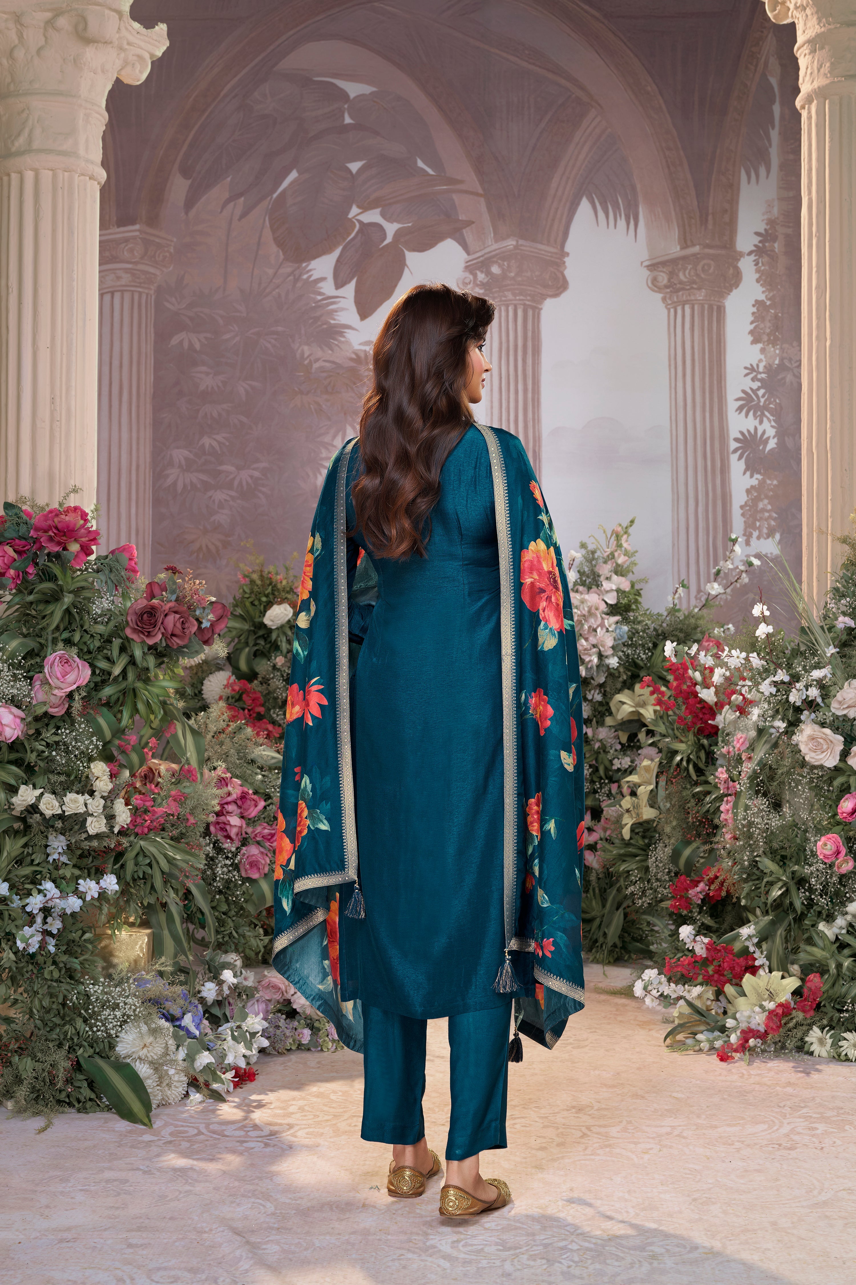 Deep Teal Embellished Brocade Silk Pant Set