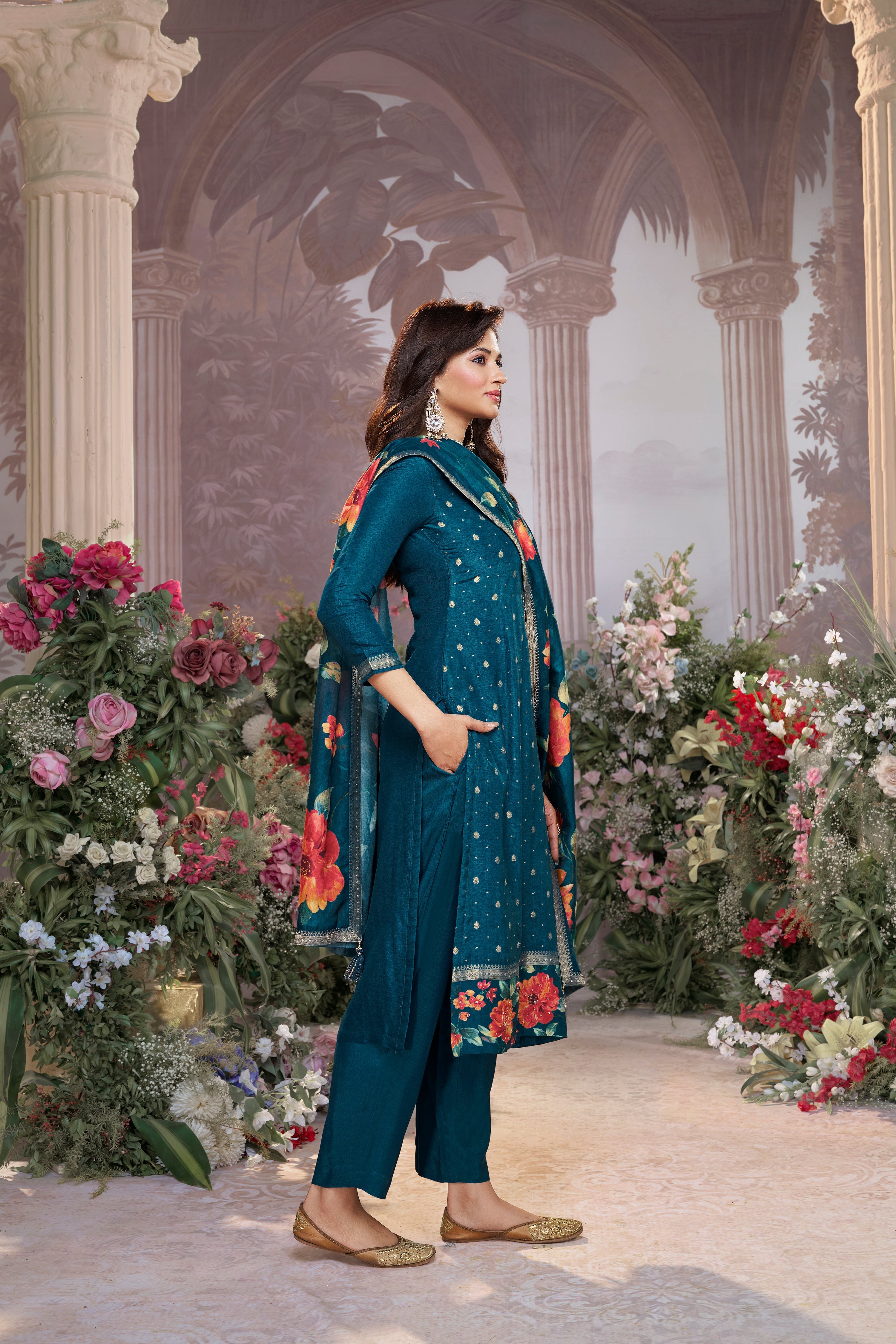 Deep Teal Embellished Brocade Silk Pant Set