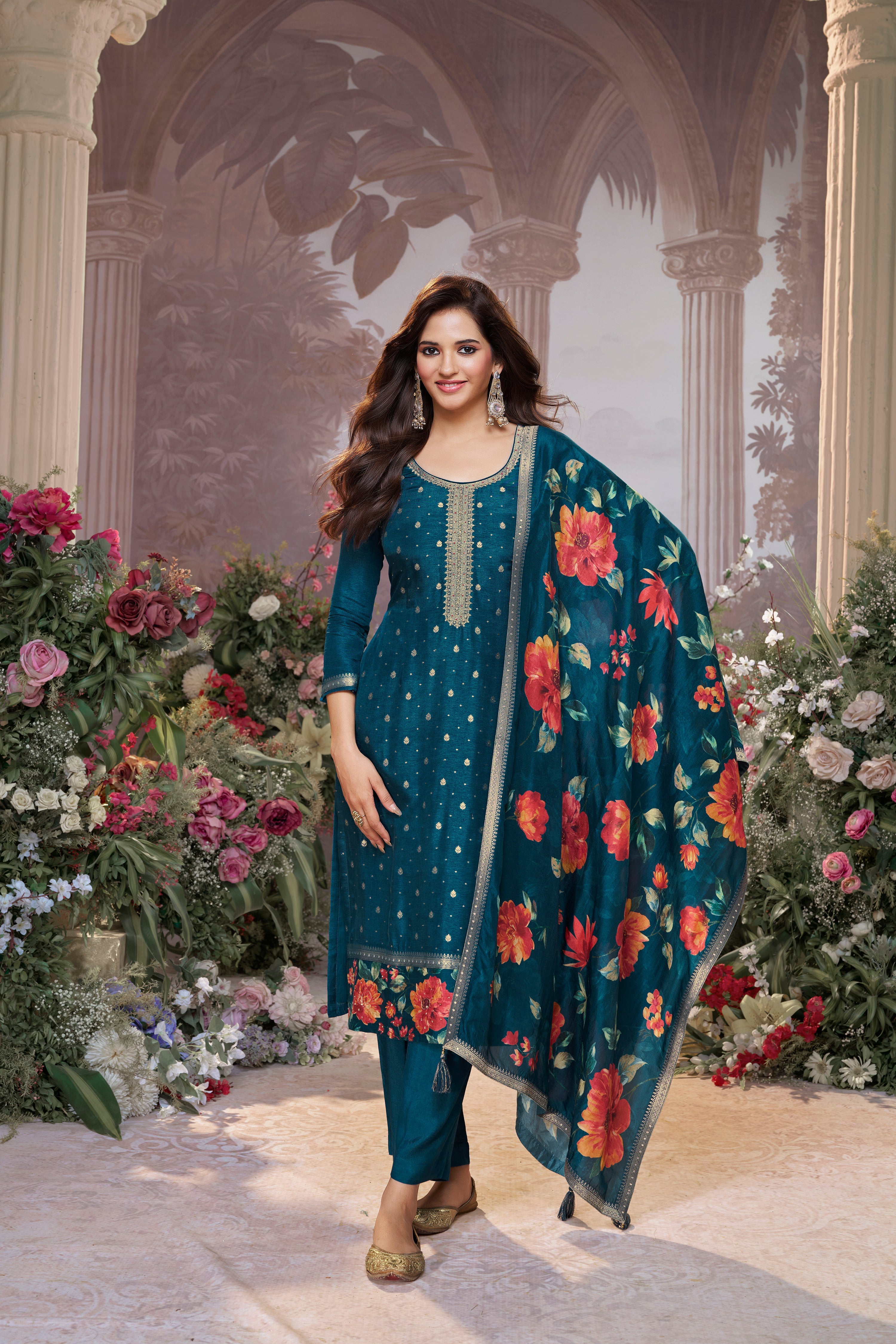 Deep Teal Embellished Brocade Silk Pant Set