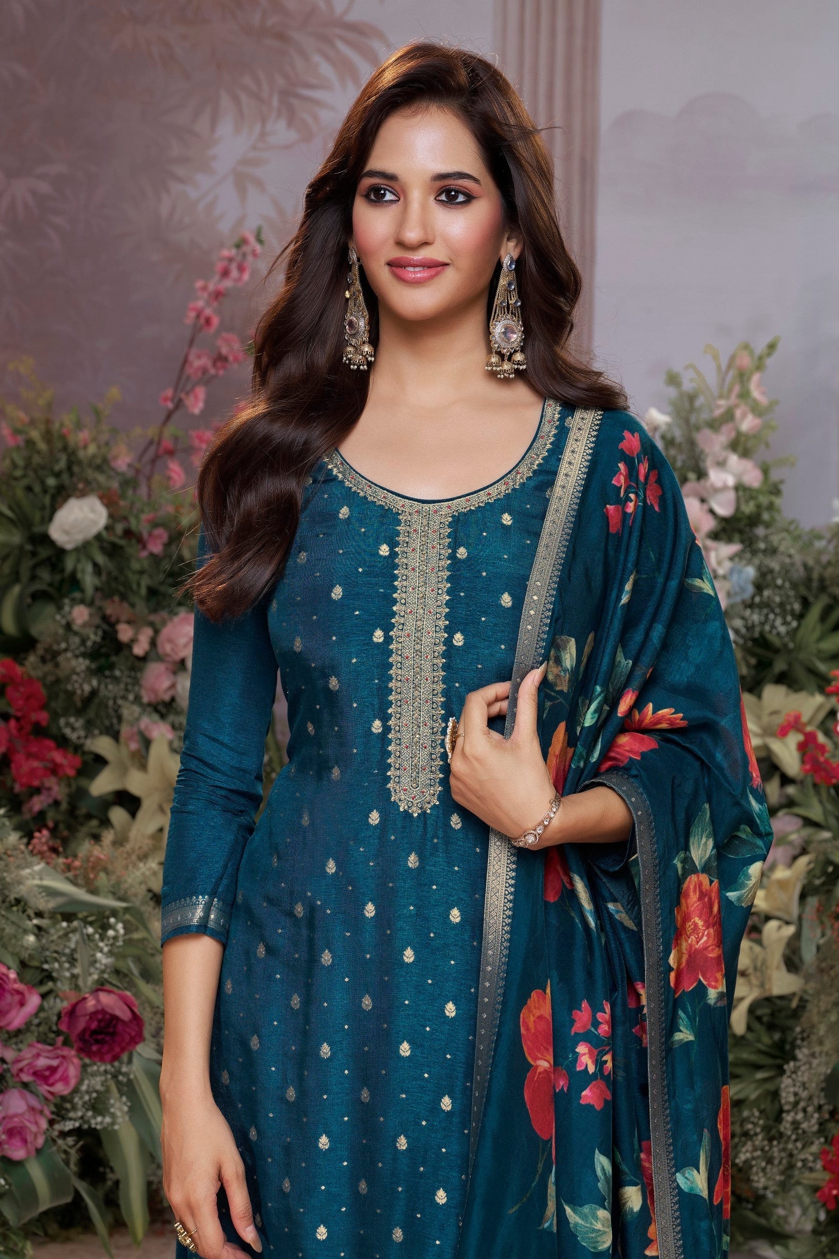 Deep Teal Embellished Brocade Silk Pant Set