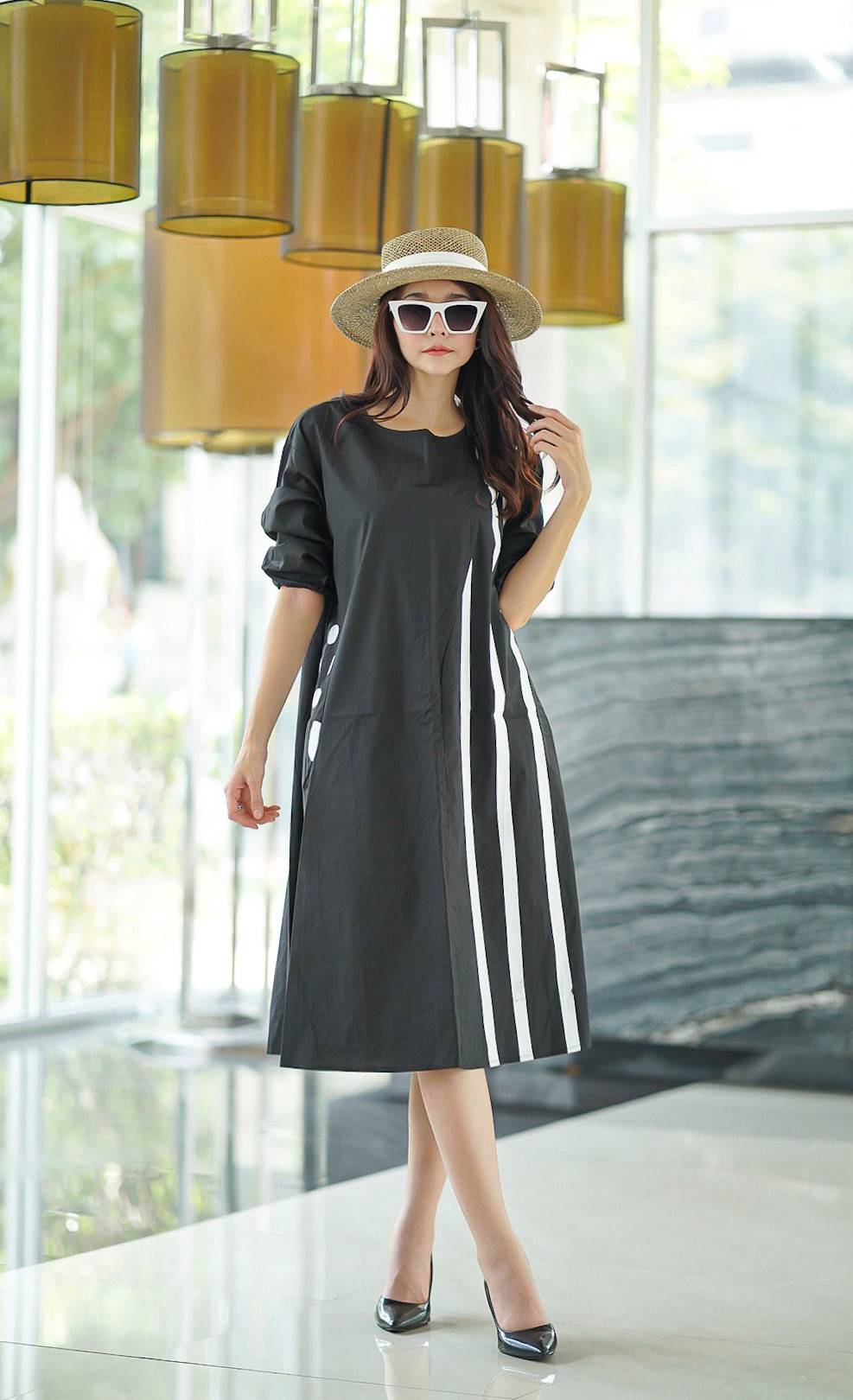 Black and White Geometric Printed Cotton Dress