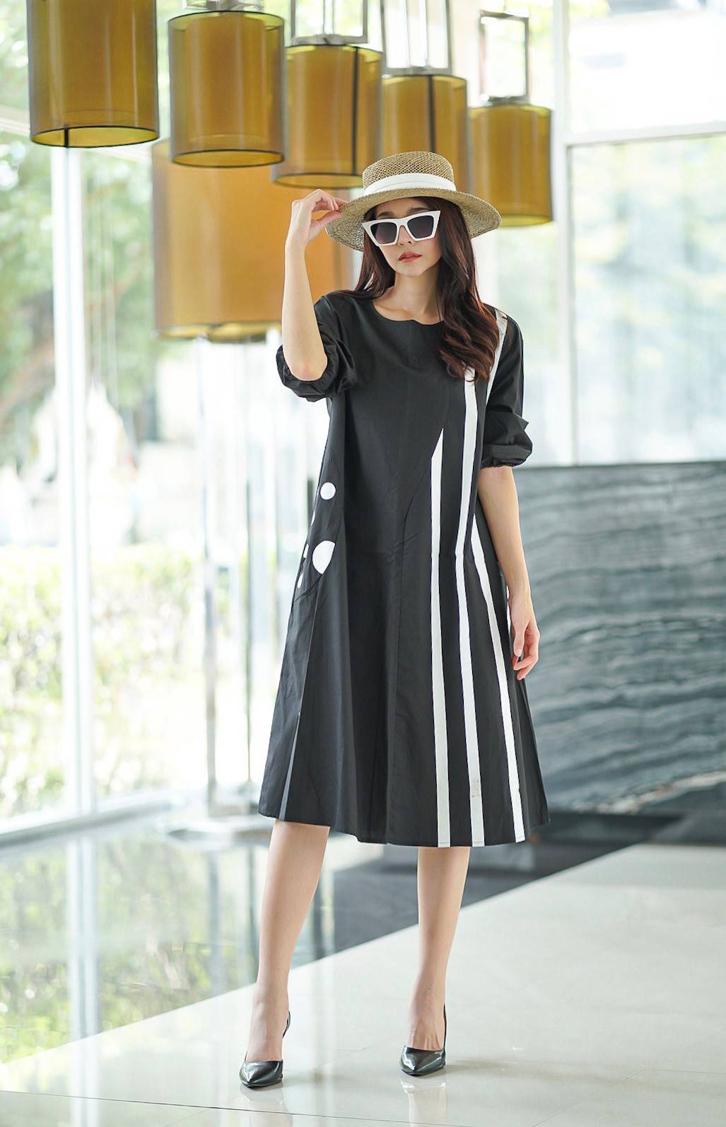 Black and White Geometric Printed Cotton Dress