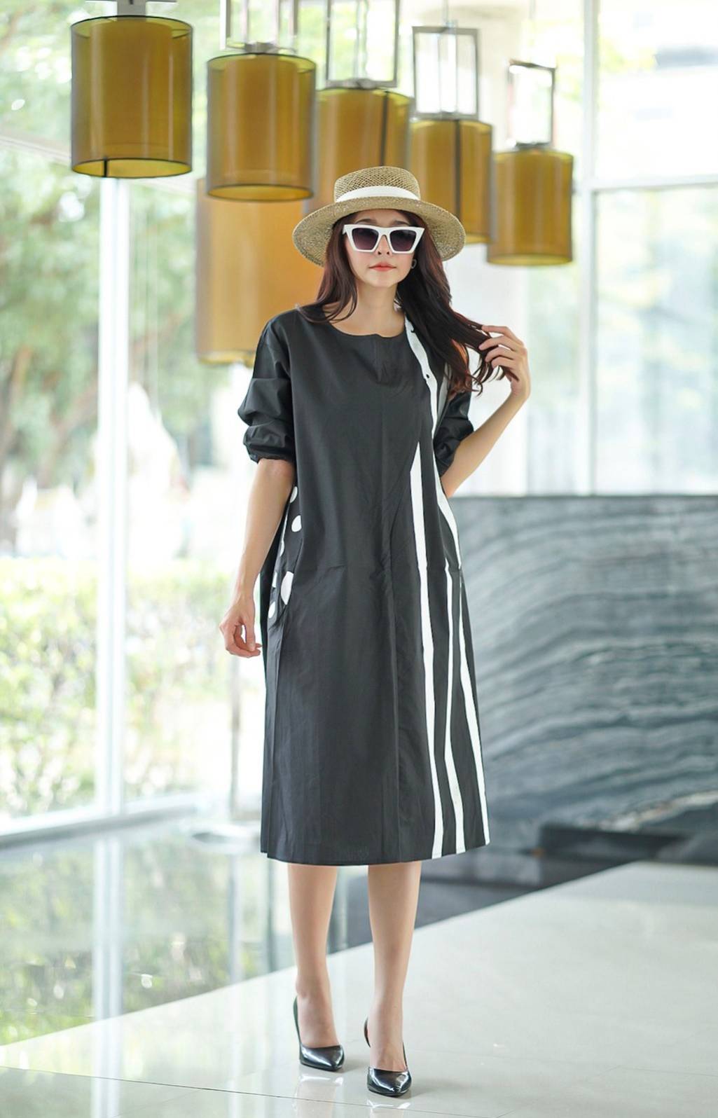Black and White Geometric Printed Cotton Dress