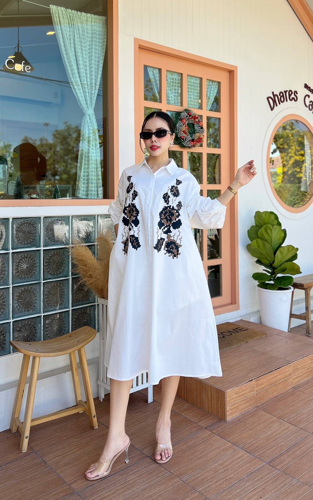 White 3D Patchwork Oversized Cotton Shirt Dress