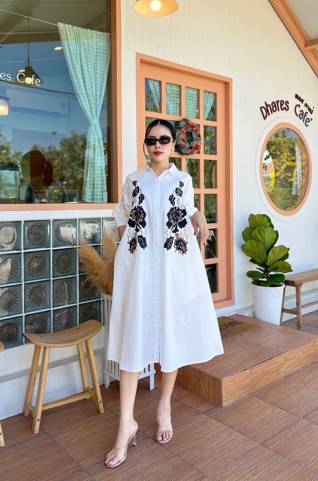 White 3D Patchwork Oversized Cotton Shirt Dress