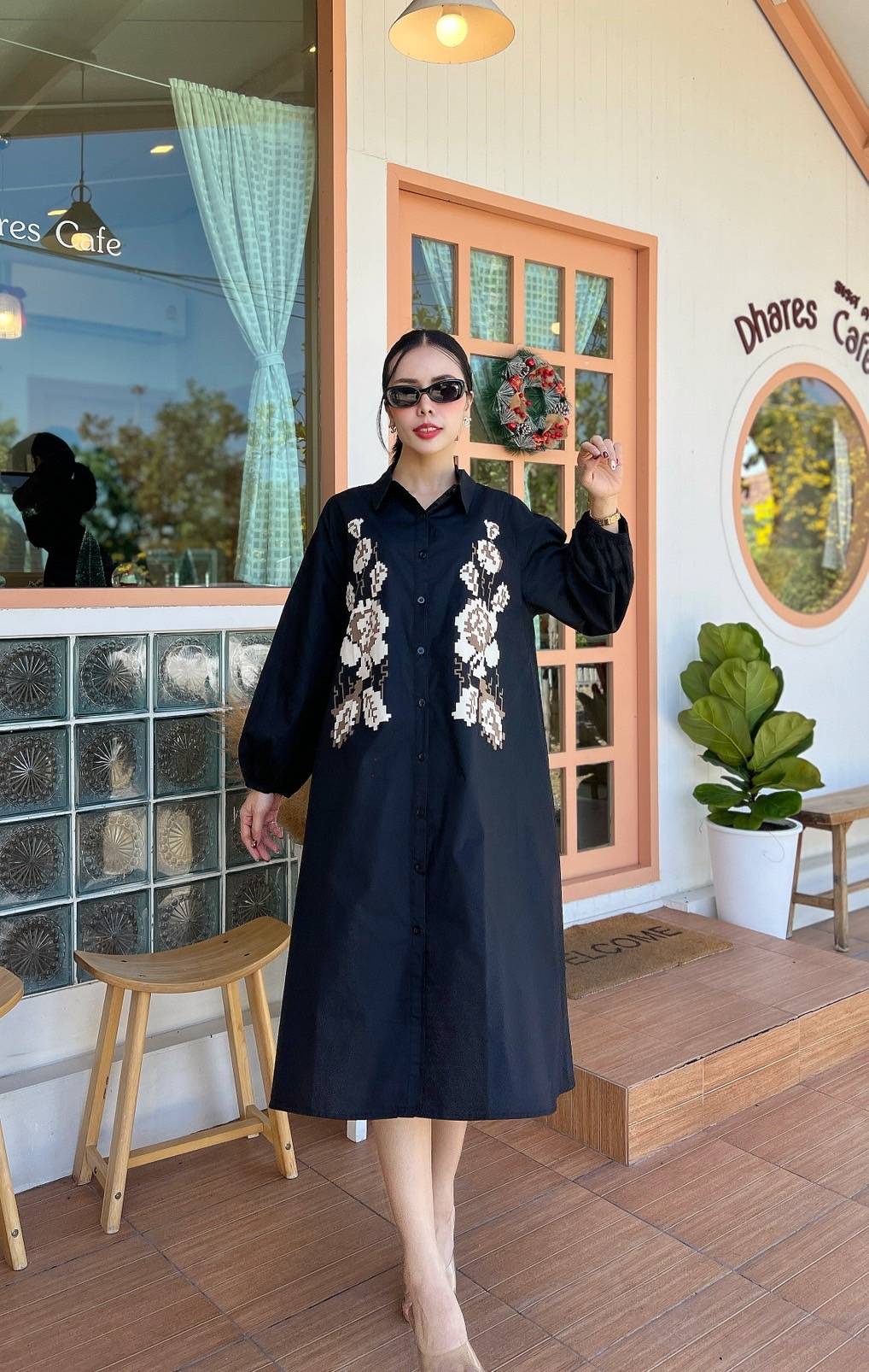 Black 3D Patchwork Oversized Cotton Shirt Dress