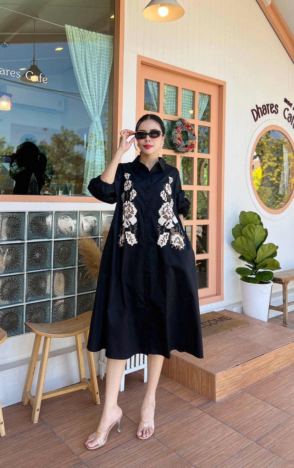 Black 3D Patchwork Oversized Cotton Shirt Dress