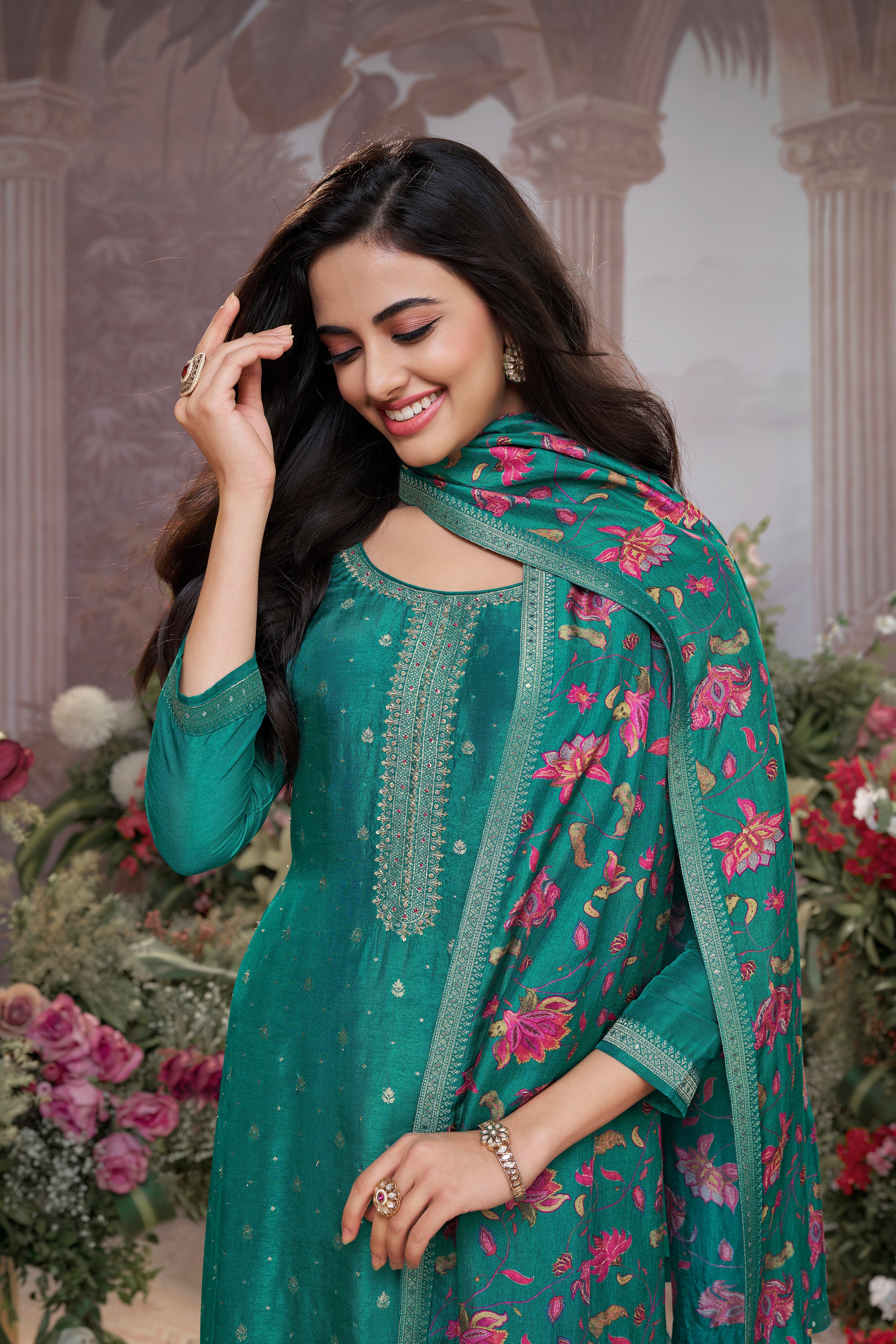 Teal Green  Embellished Premium Silk Pant Set