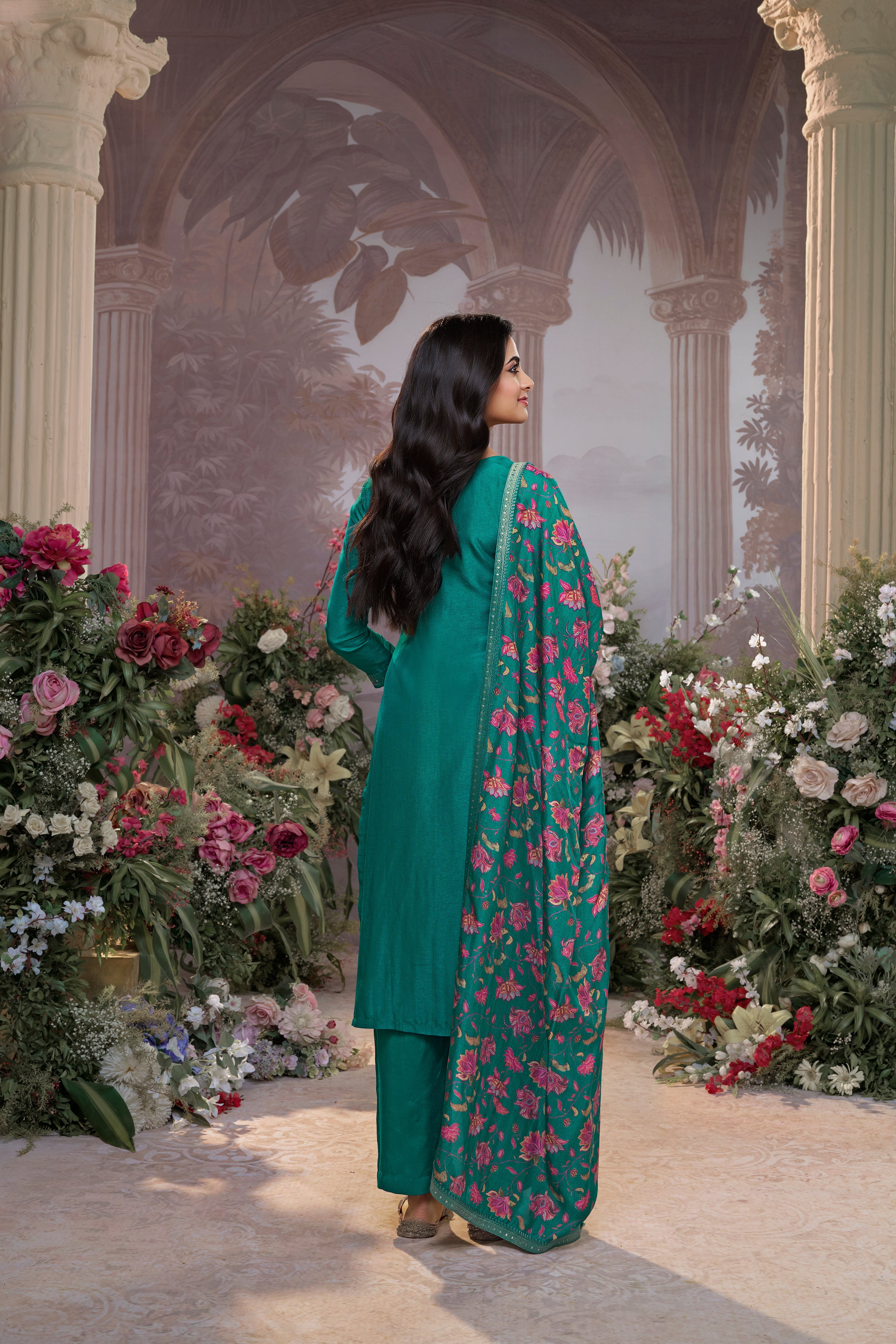 Teal Green  Embellished Premium Silk Pant Set
