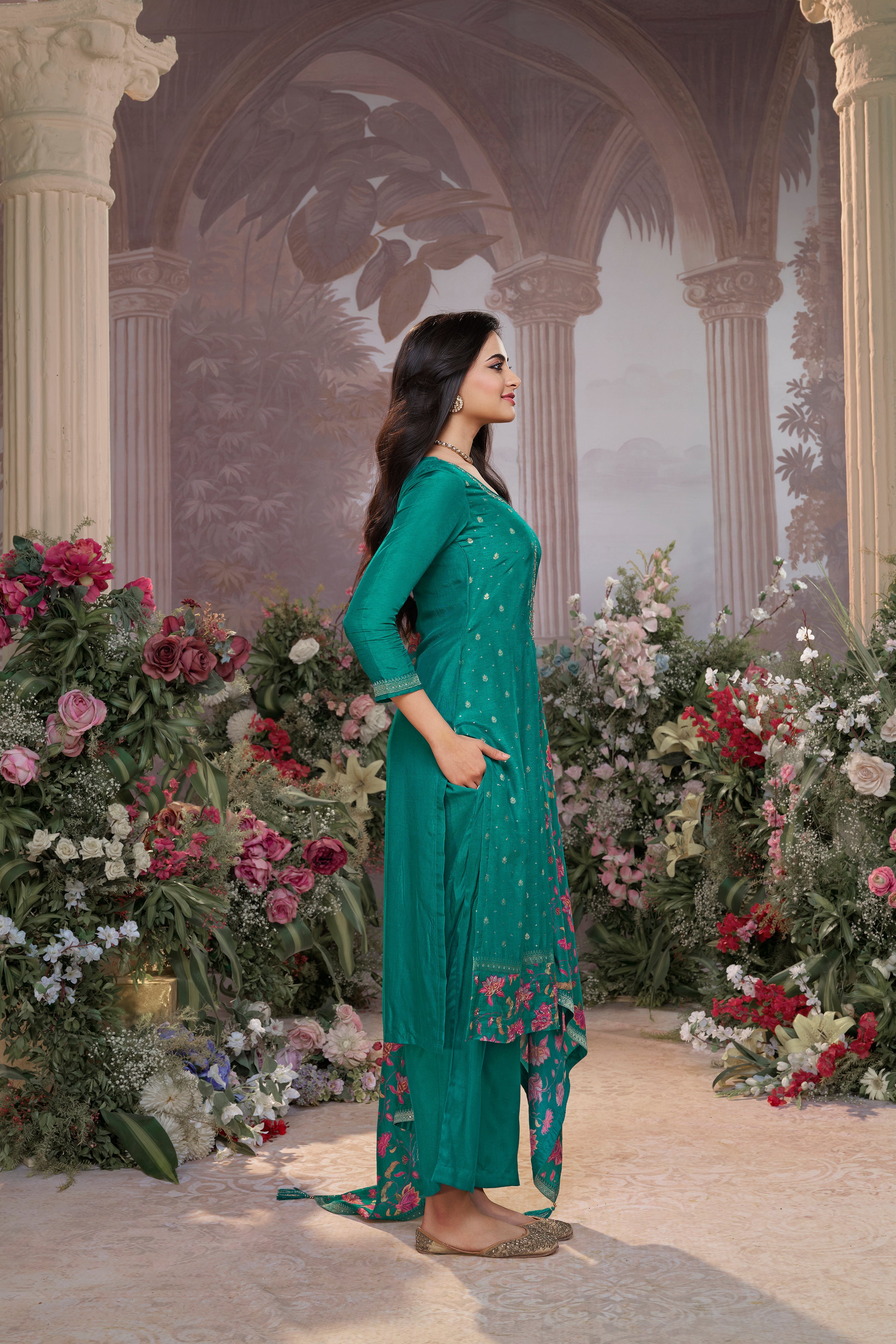 Teal Green  Embellished Premium Silk Pant Set