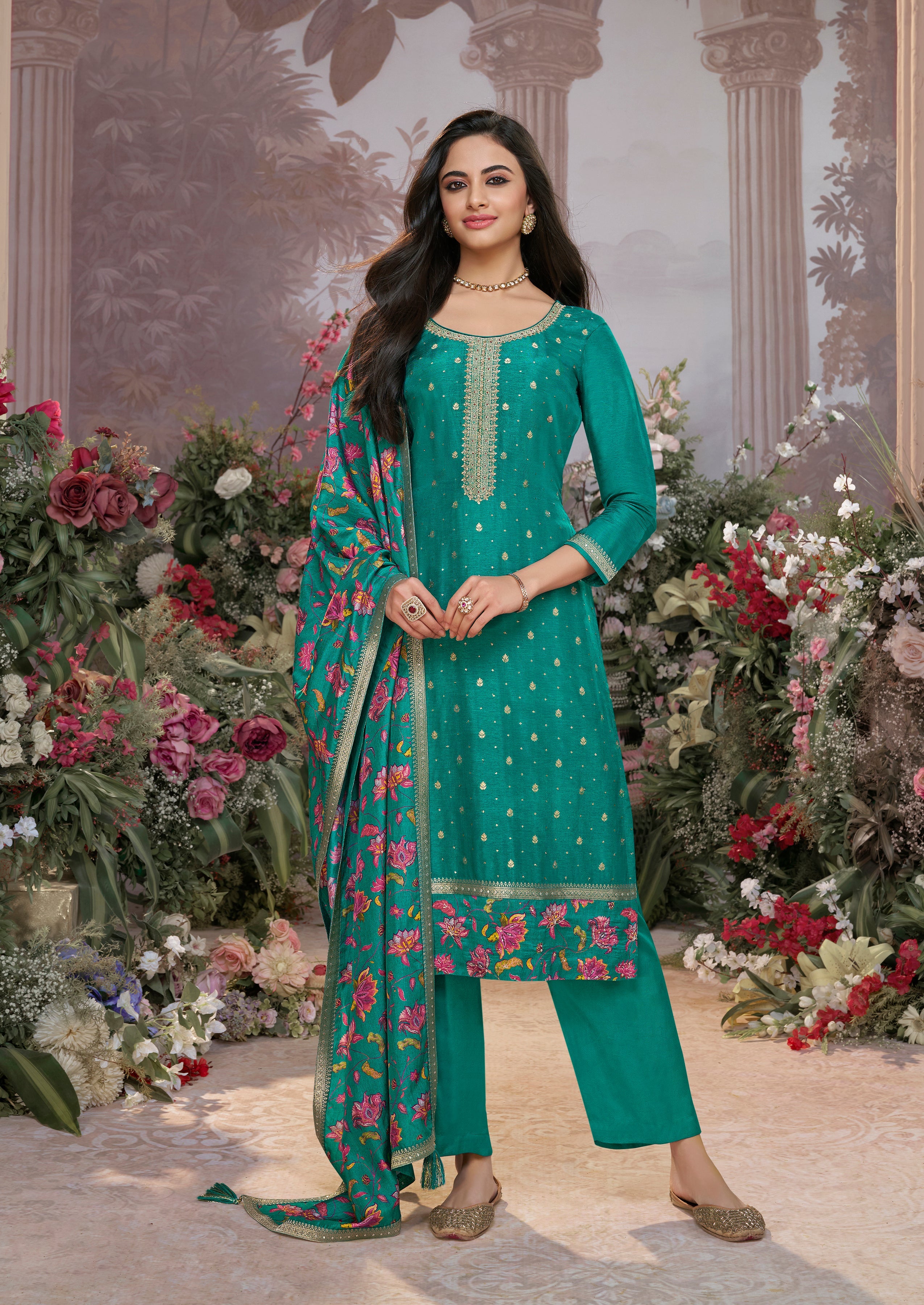 Teal Green  Embellished Premium Silk Pant Set