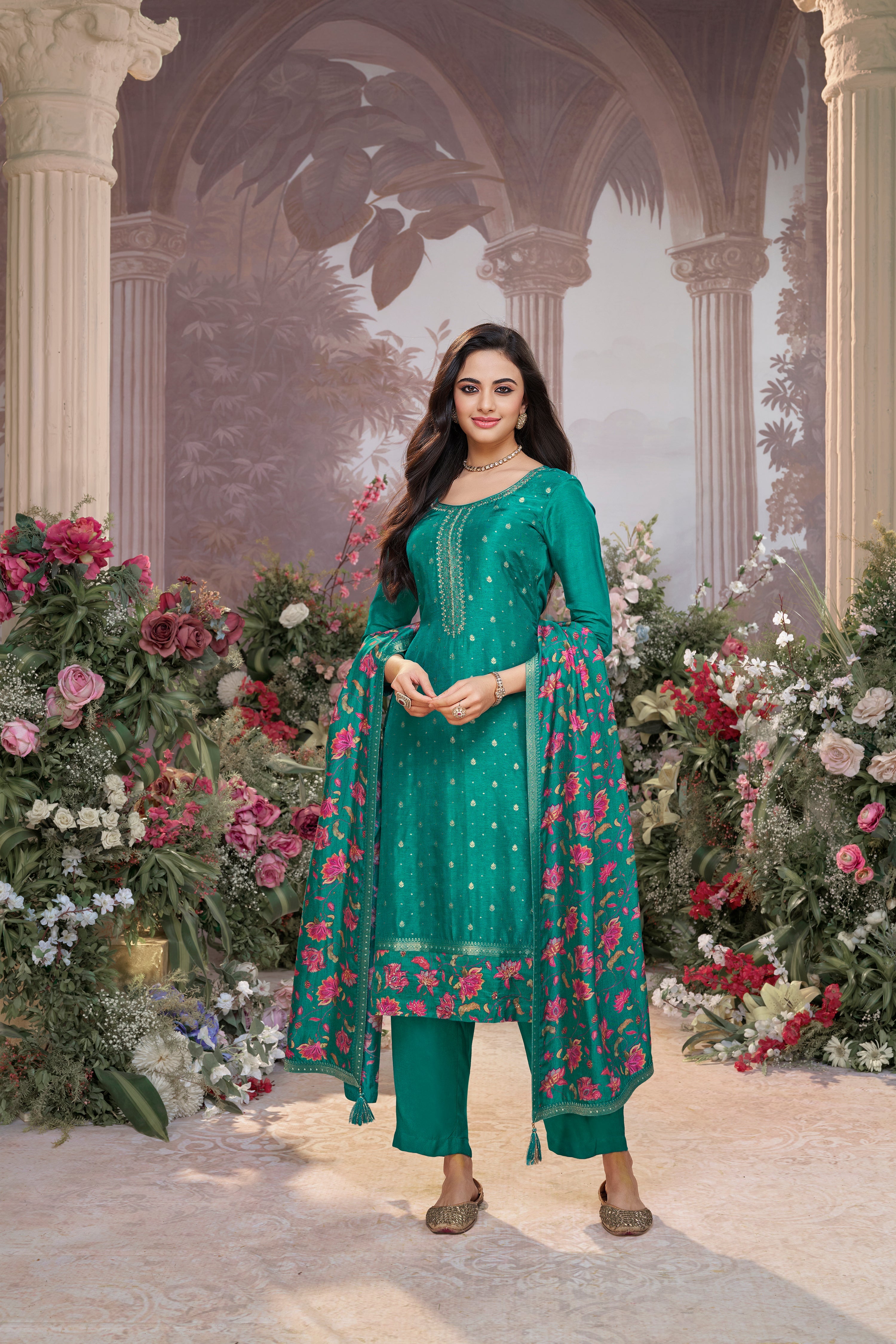 Teal Green  Embellished Premium Silk Pant Set