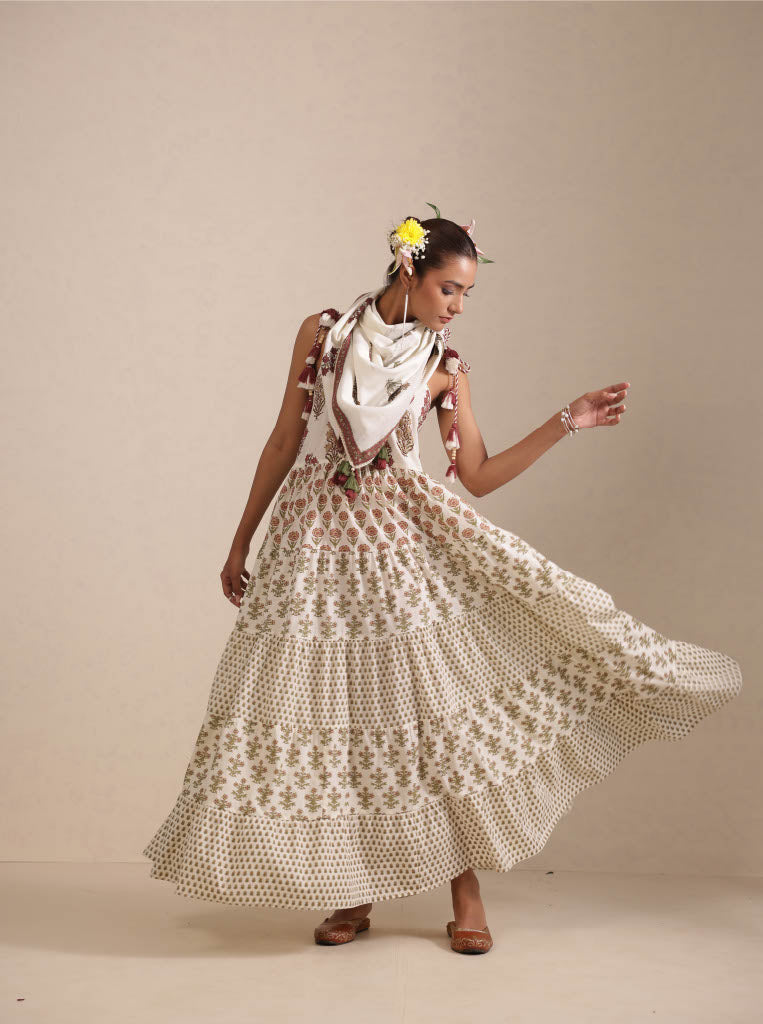 Whisper White Booti Printed Cotton Anarkali Set