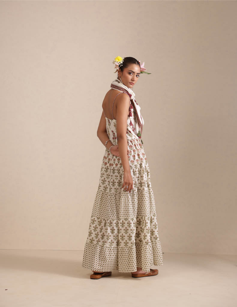 Whisper White Booti Printed Cotton Anarkali Set