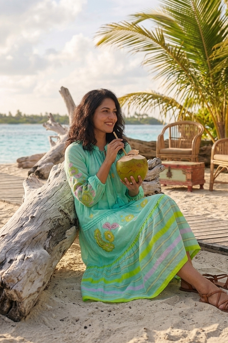 Mint Blue Embroidered Chanderi Silk Midi Dress