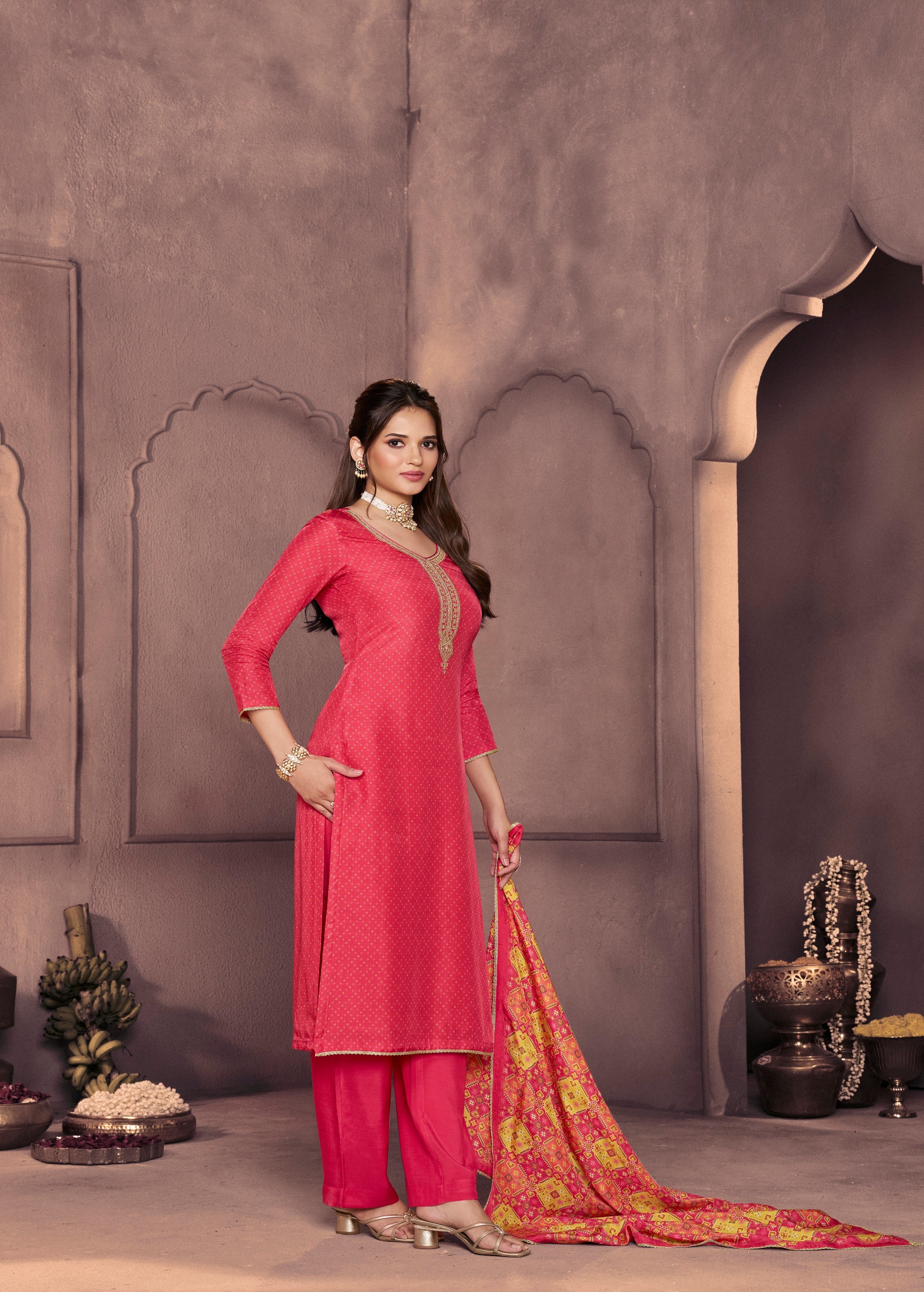 Vibrant Pink Printed Dola Silk Pant Set