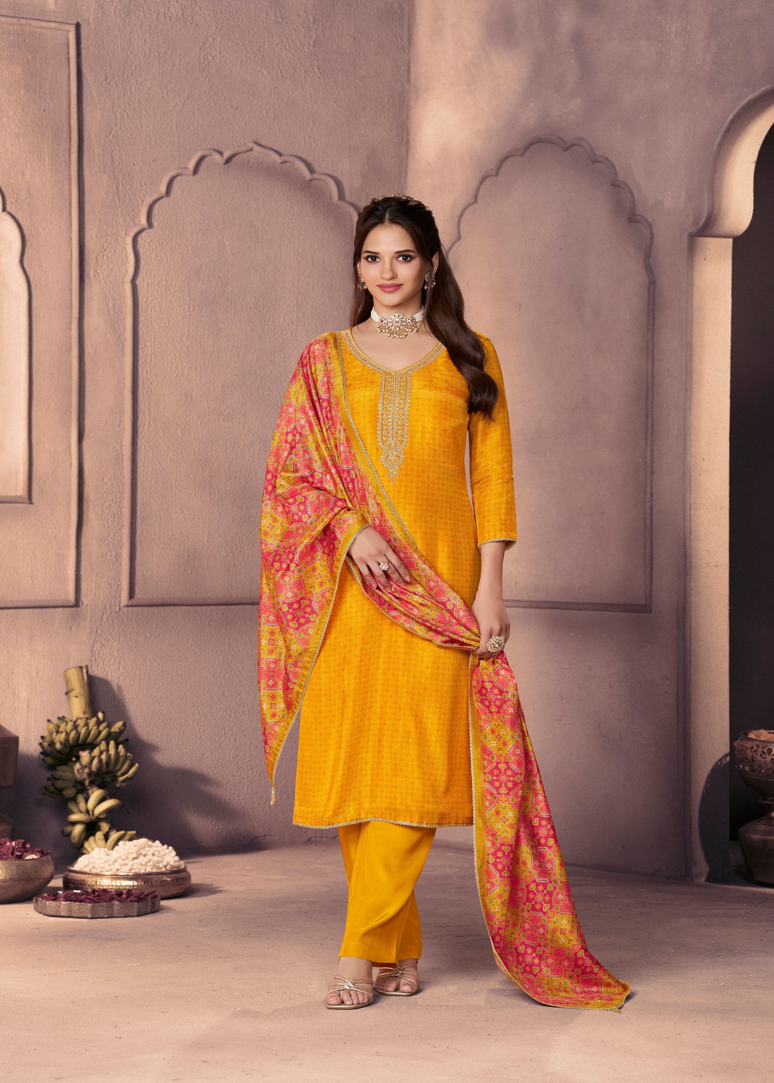 Deep Yellow Printed Dola Silk Pant Set