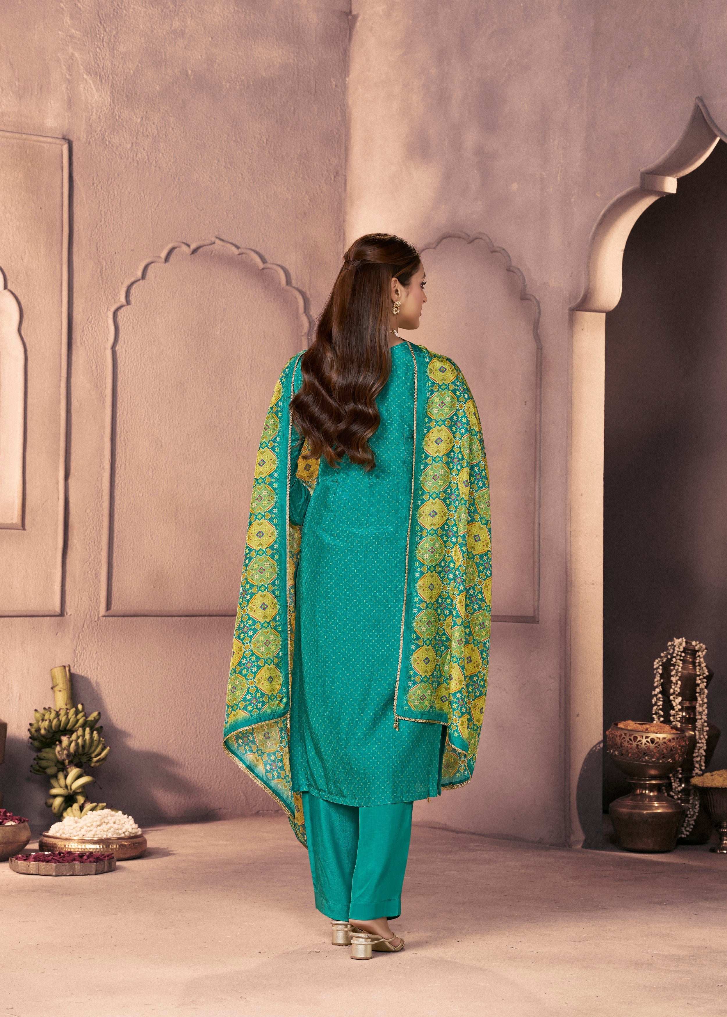 Teal Green Printed Dola Silk Pant Set