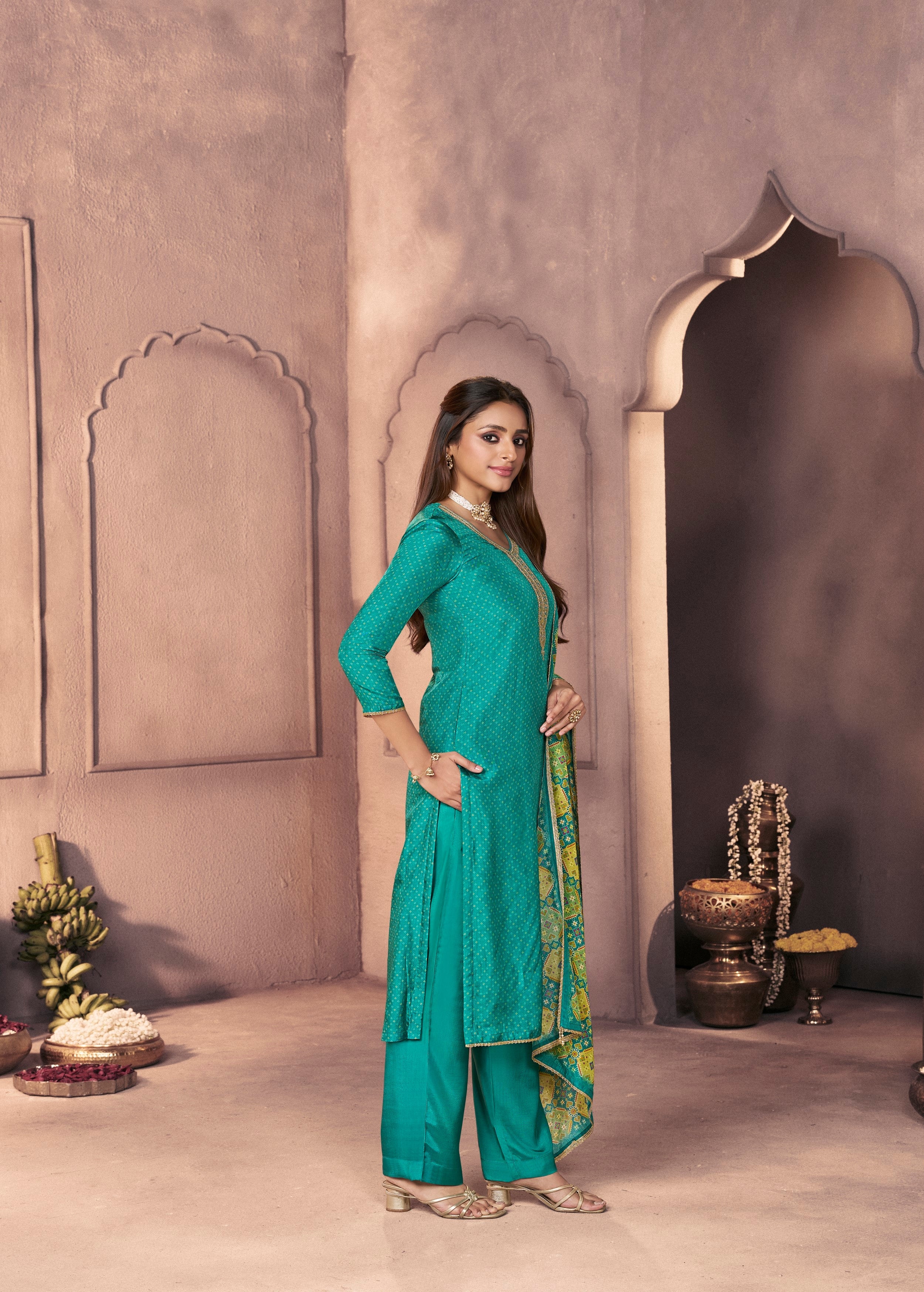 Teal Green Printed Dola Silk Pant Set