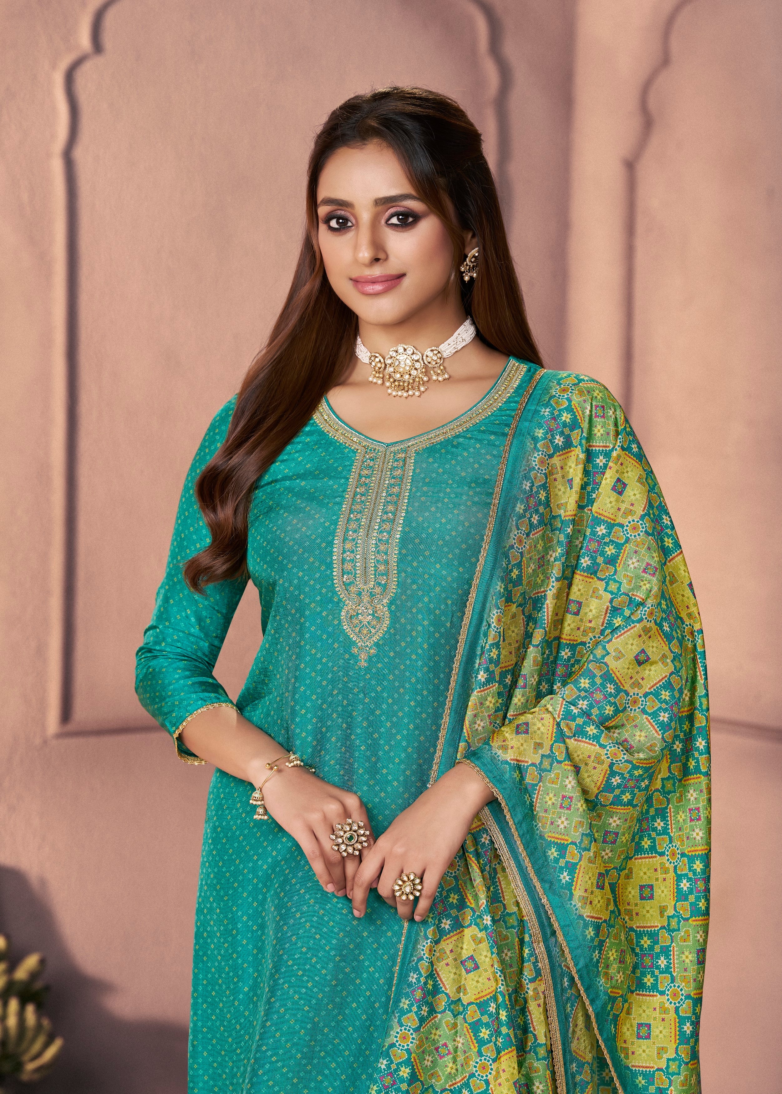 Teal Green Printed Dola Silk Pant Set