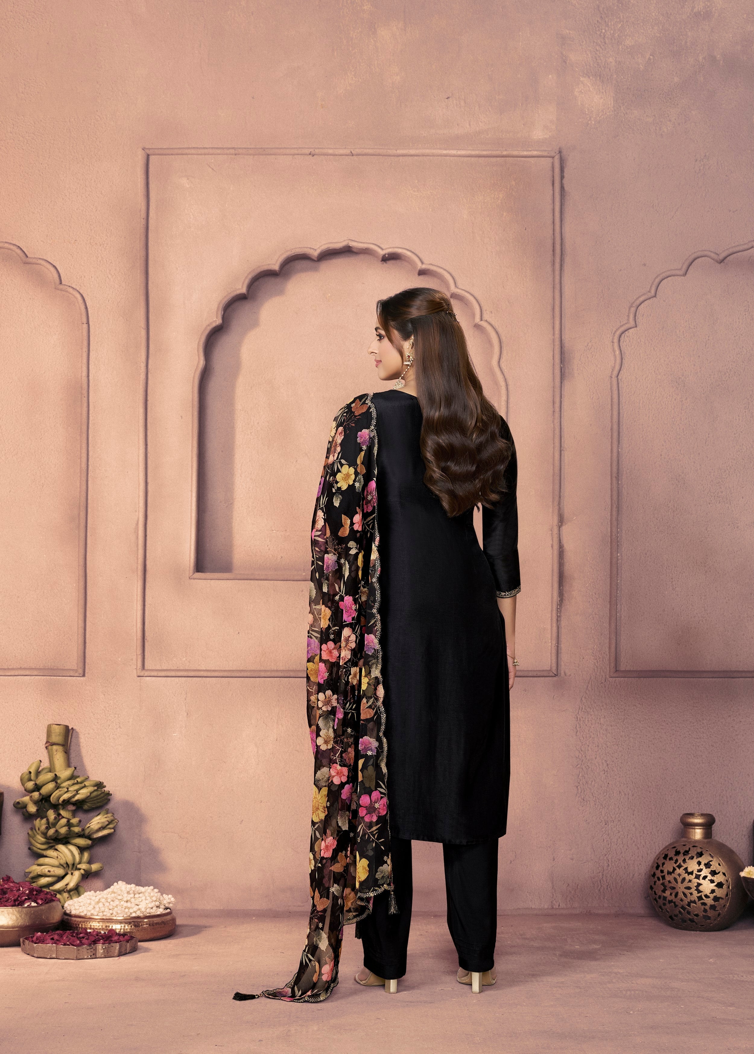 Classic Black Embellished Dola Silk Pant Set