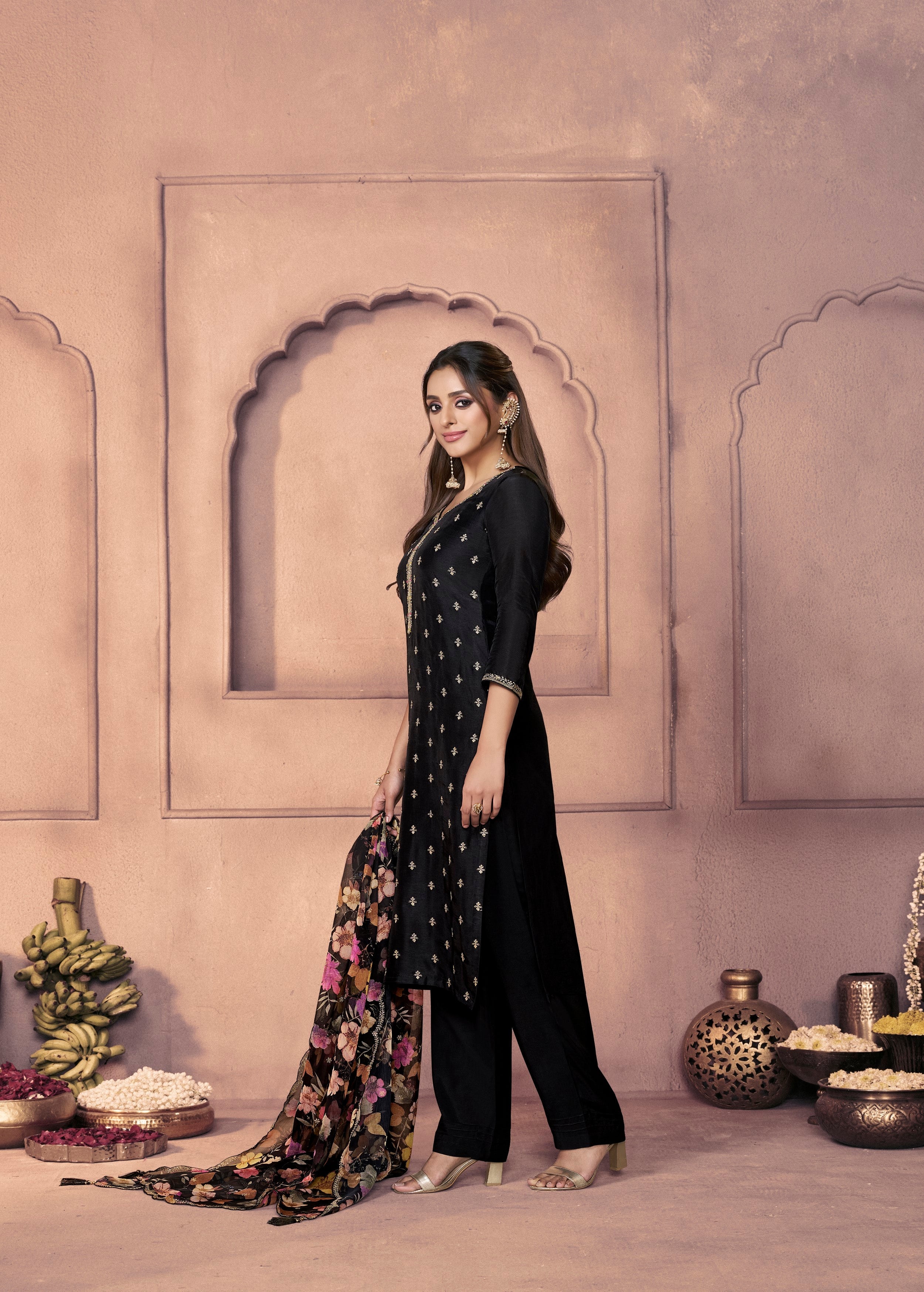 Classic Black Embellished Dola Silk Pant Set