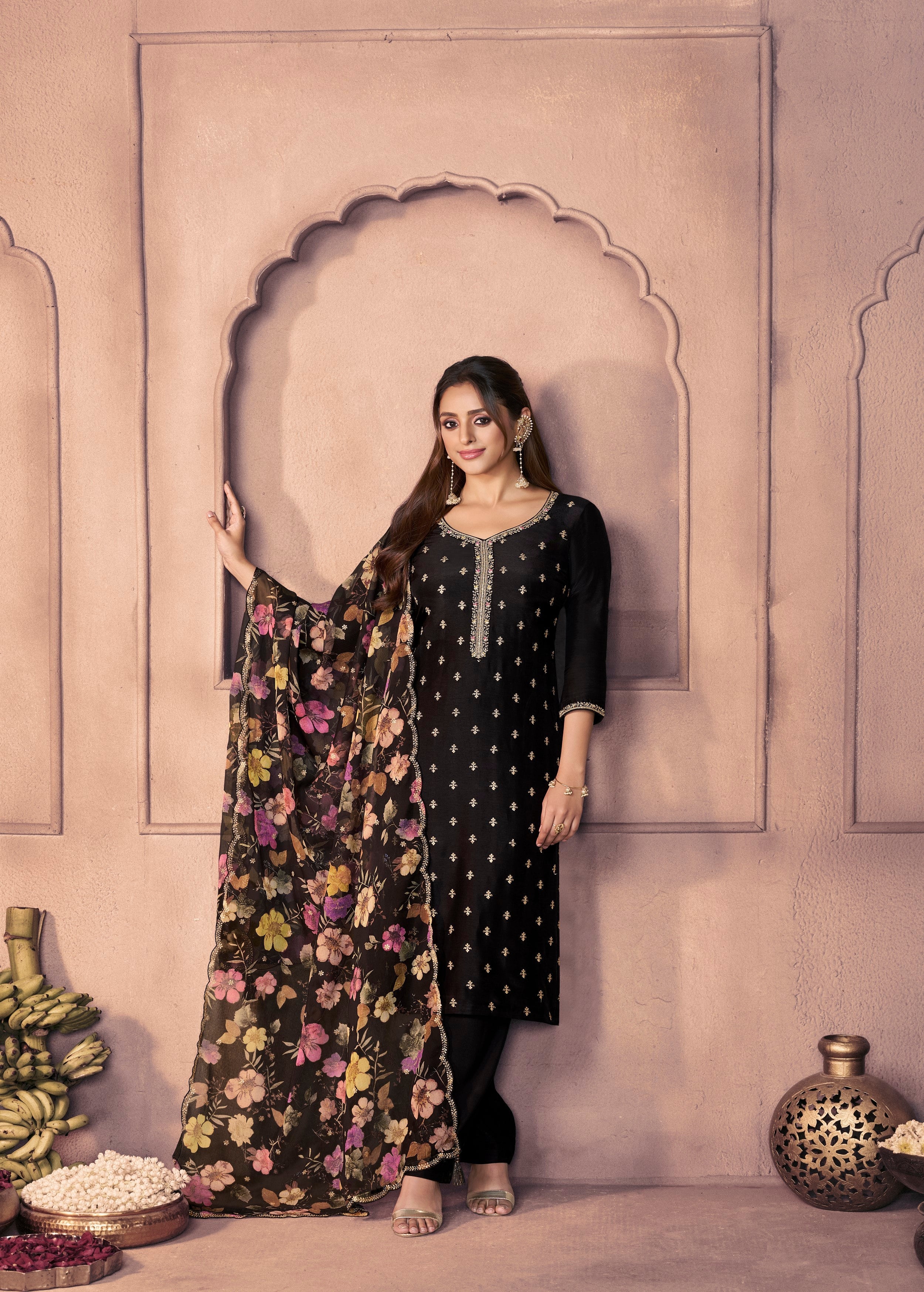 Classic Black Embellished Dola Silk Pant Set