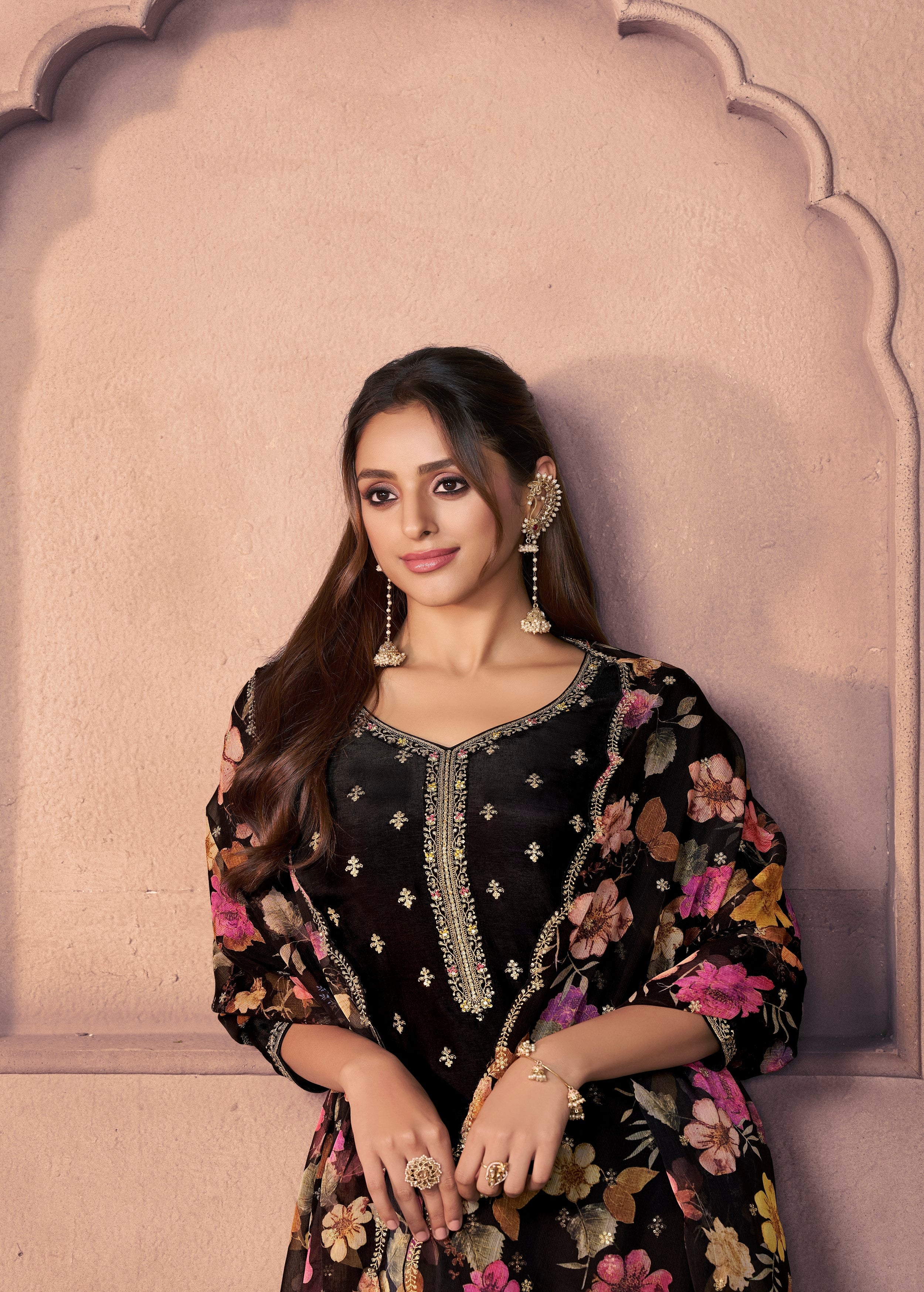 Classic Black Embellished Dola Silk Pant Set